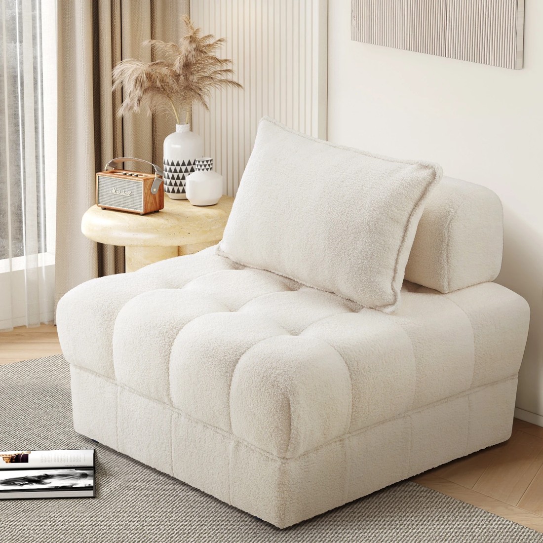 2 Oikiture 1 Seater Boucle Modular Sofa Lounge Chair Armless Tofu Back
 - White, 2 of 10