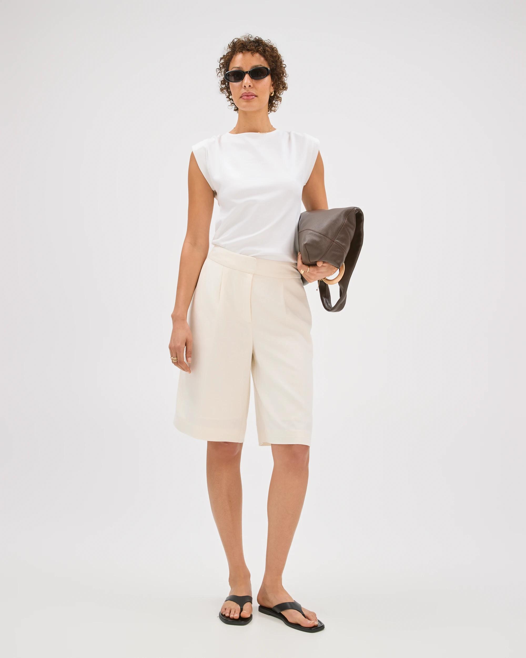 1 Preview Australian Cotton Sleeveless Shoulder Pad Tuck Detail Top CLOUD DANCER, 1 of 6