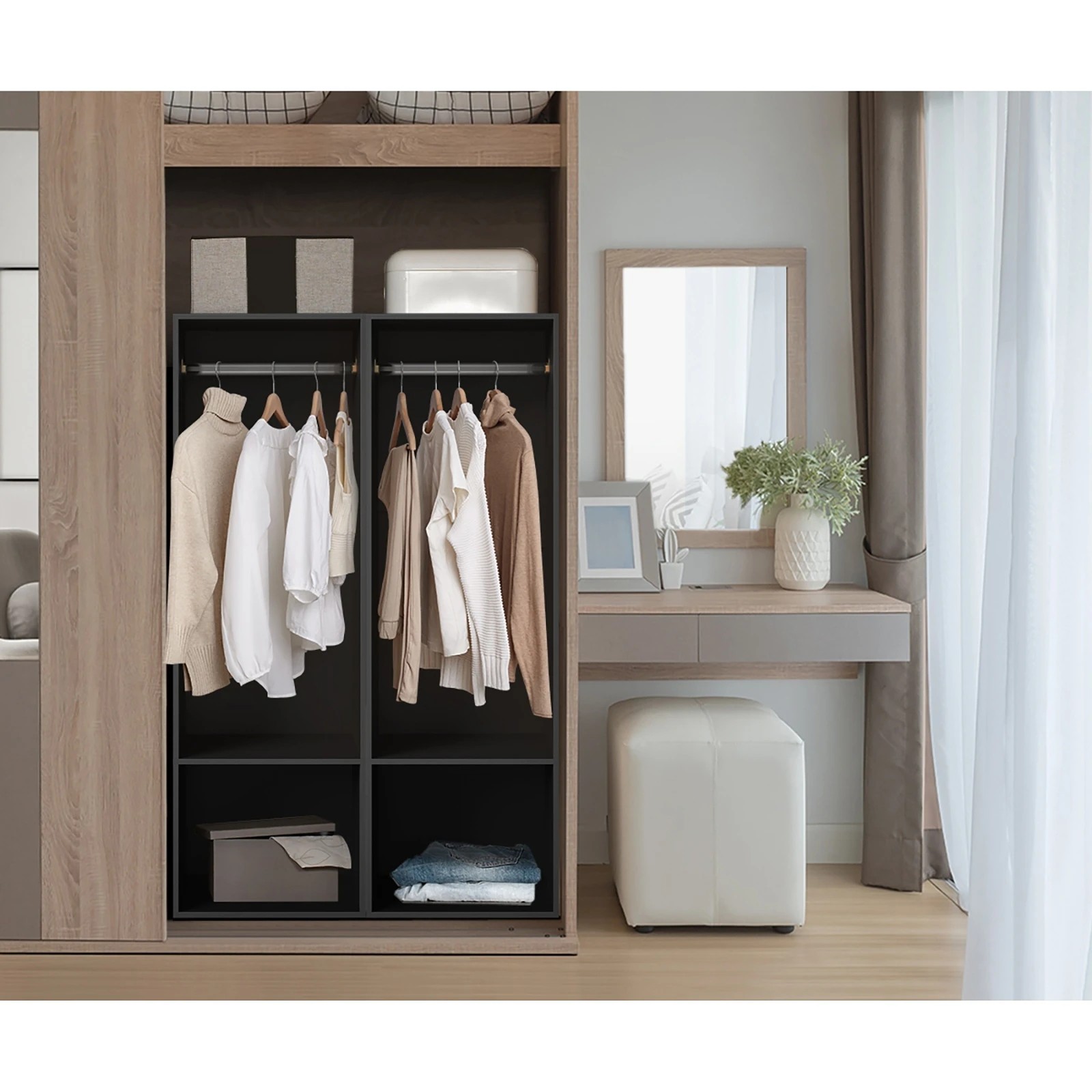 3 Oikiture Open Wardrobe Shelf Unit Clothes Storage 2 Shelves Hanging Rail
 - Black, 3 of 10