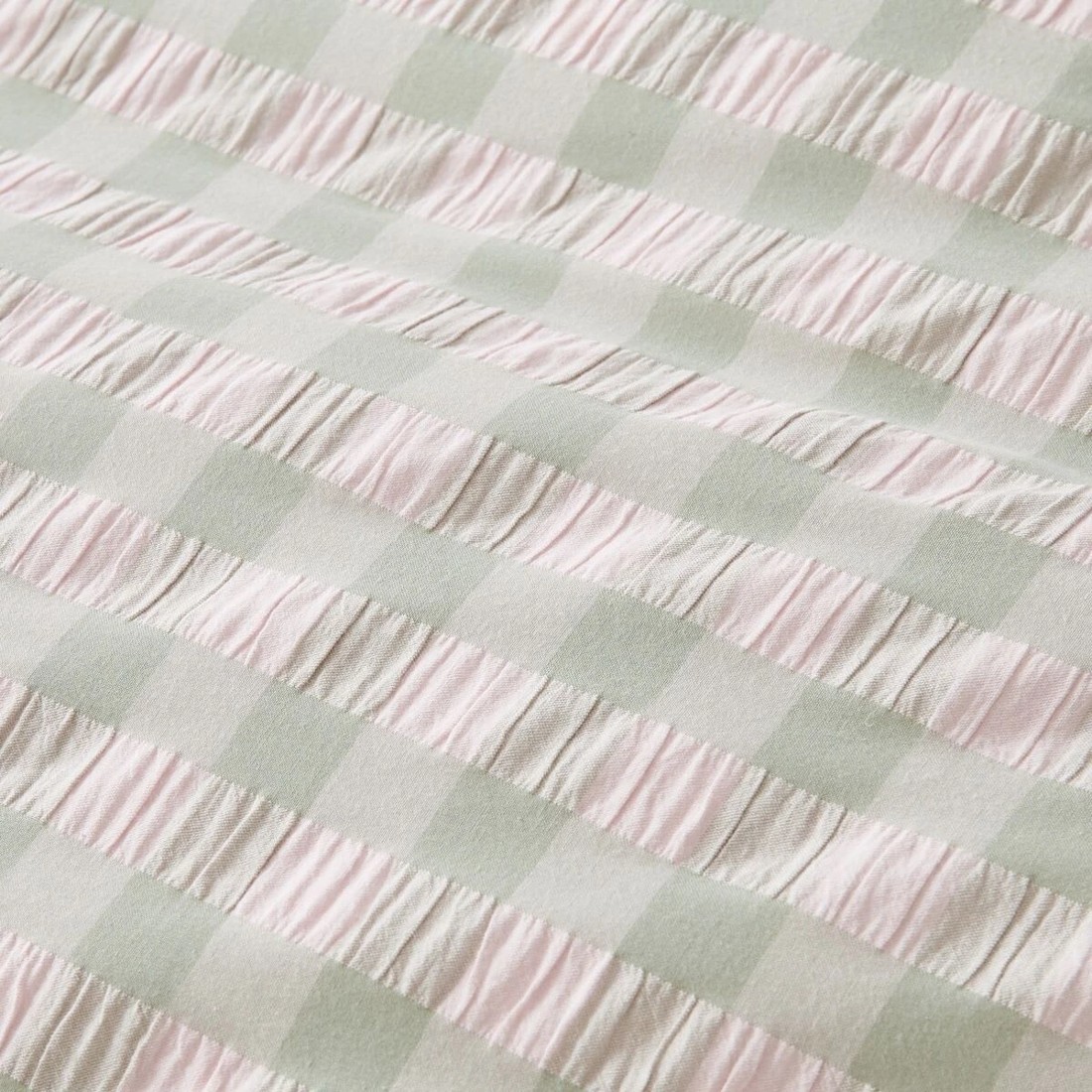 3 Gingham Ruffle Cotton Quilt Cover Set - Double Bed, Sage and Pink, 3 of 6