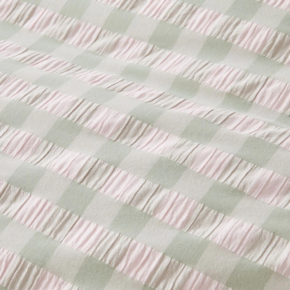 3 Gingham Ruffle Cotton Quilt Cover Set - Double Bed, Sage and Pink, 3 of 6