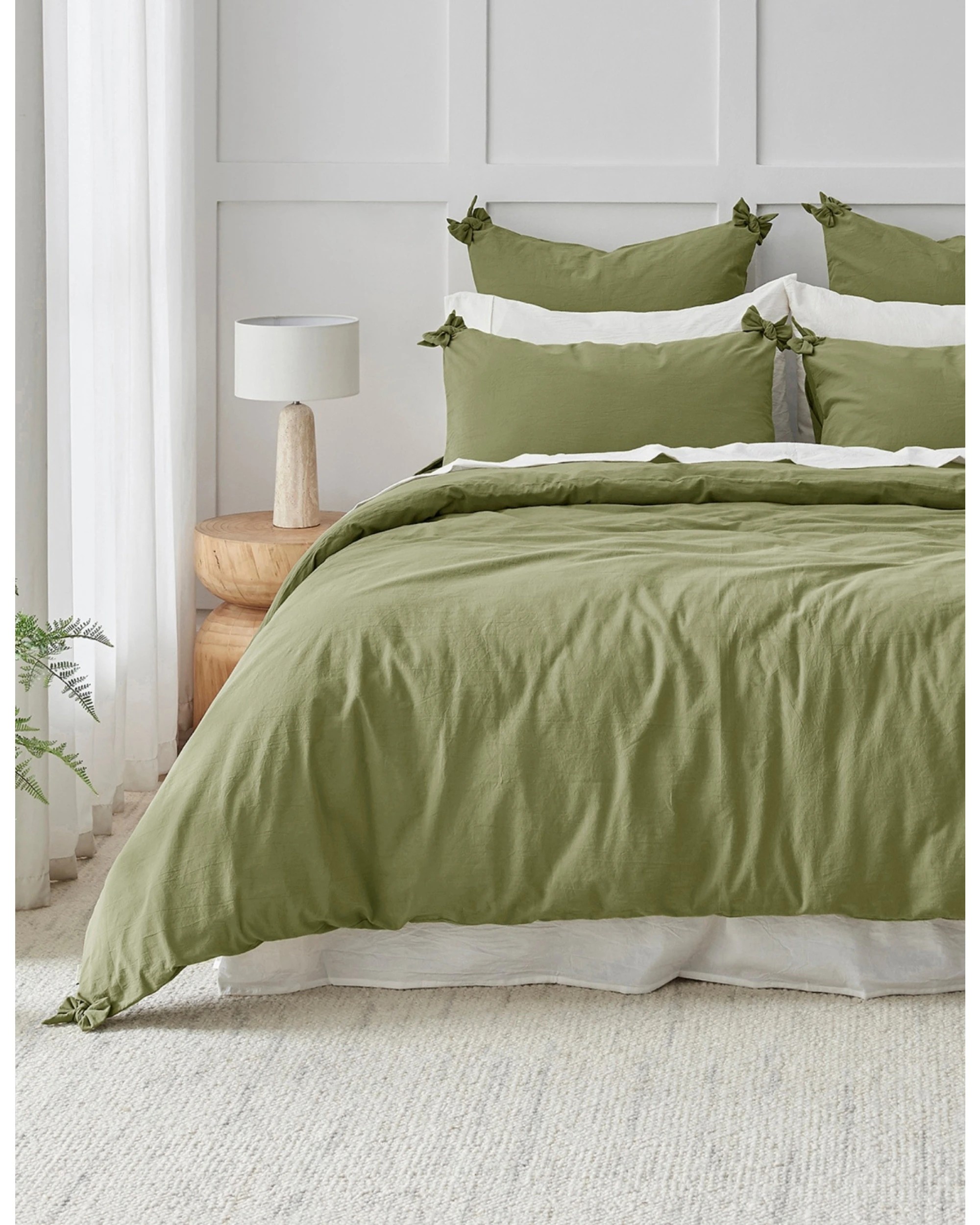 1 Dreamaker Bonnie Washed Cotton Quilt Cover Set with Bows - Single Bed - Olive, 1 of 9