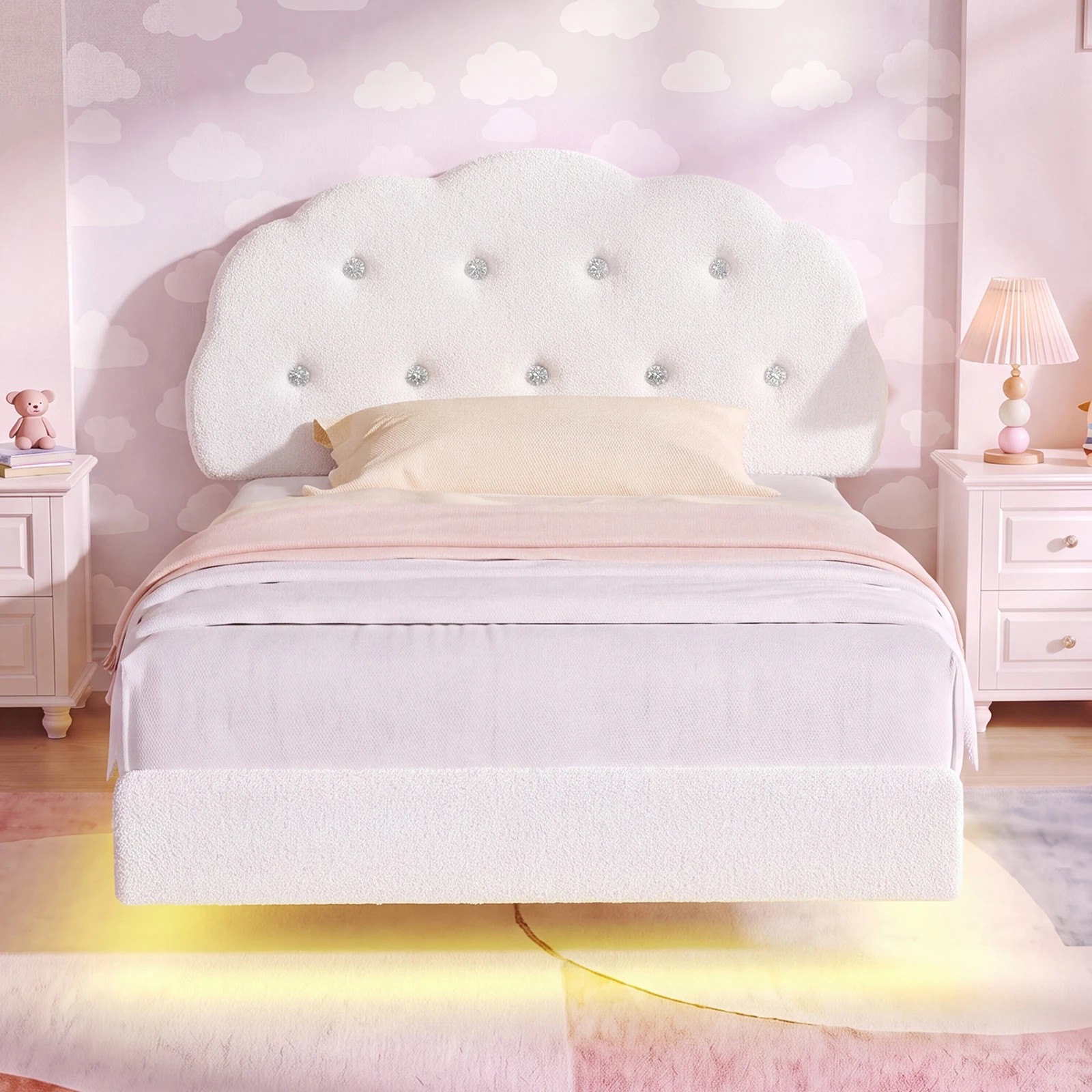 2 Advwin LED Floating Bed Frame with Adjustable Headboard and Storage Bags King Single - White, 2 of 7