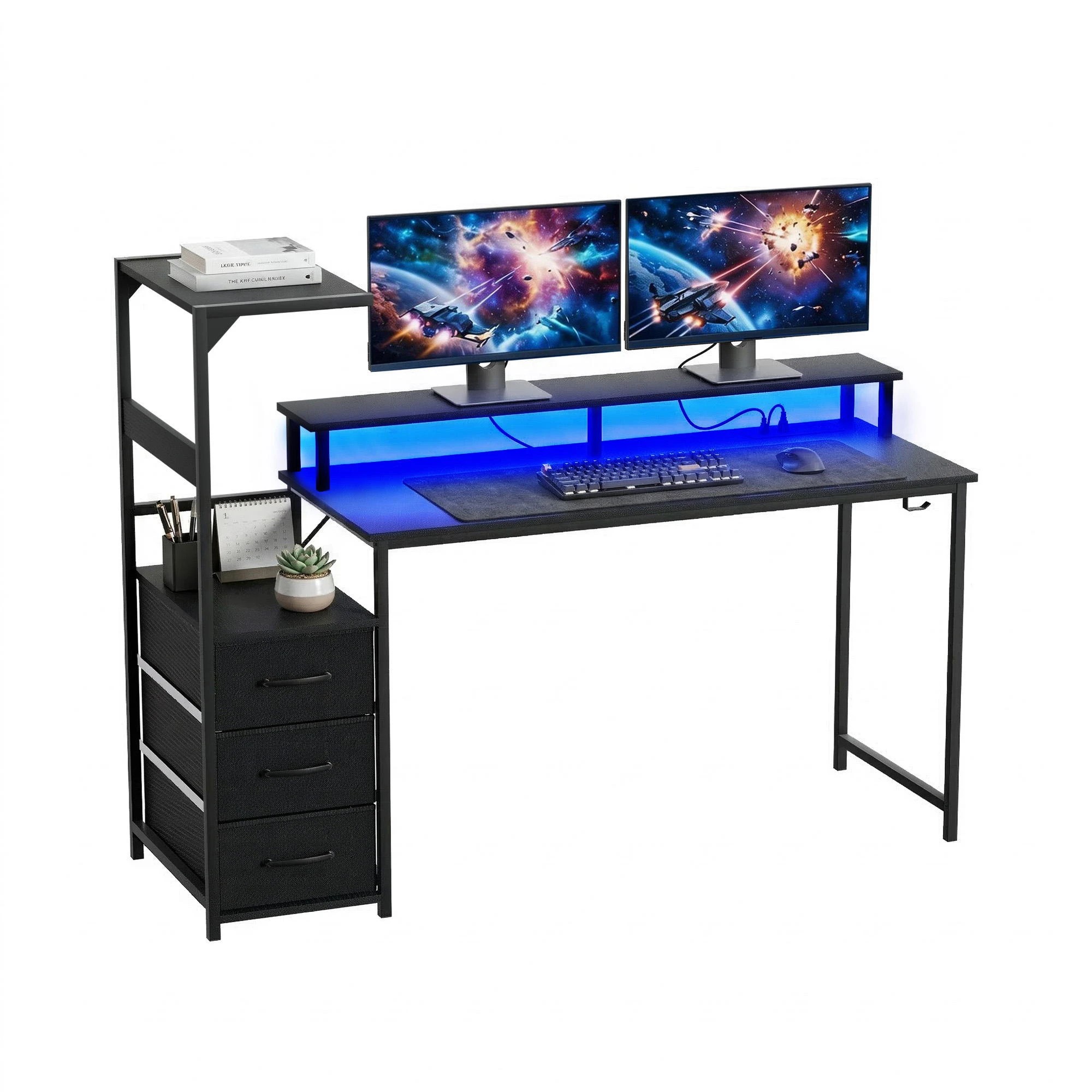 2 Artiss 145cm L Shaped Gaming Desk Computer Desk with LED Lights & Power Outlets - Black, 2 of 5