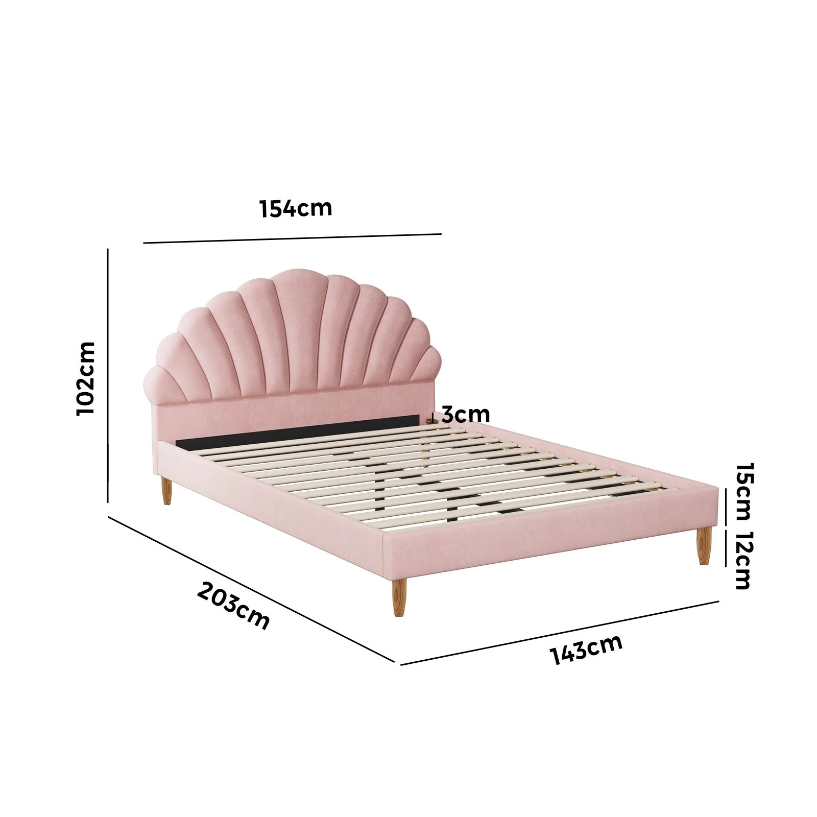 10 Oikiture Double Bed Frame Scallop-shape Bedhead Velvet- Pink, 10 of 10