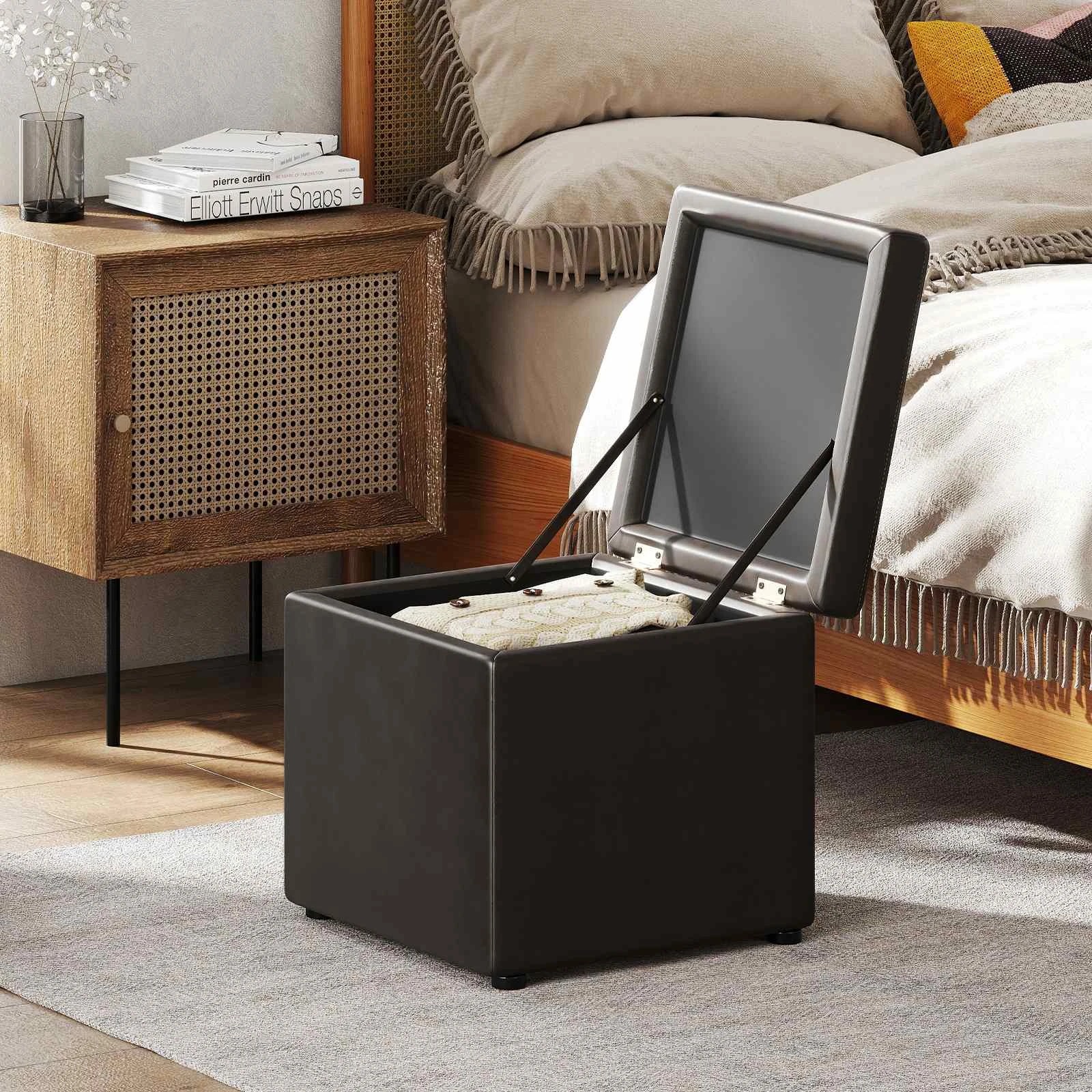 2 Costway Cube Storage Ottoman Pouf Storage Box Seat Foot Stool PU Leather Footstool 40cm - Grey, 2 of 3