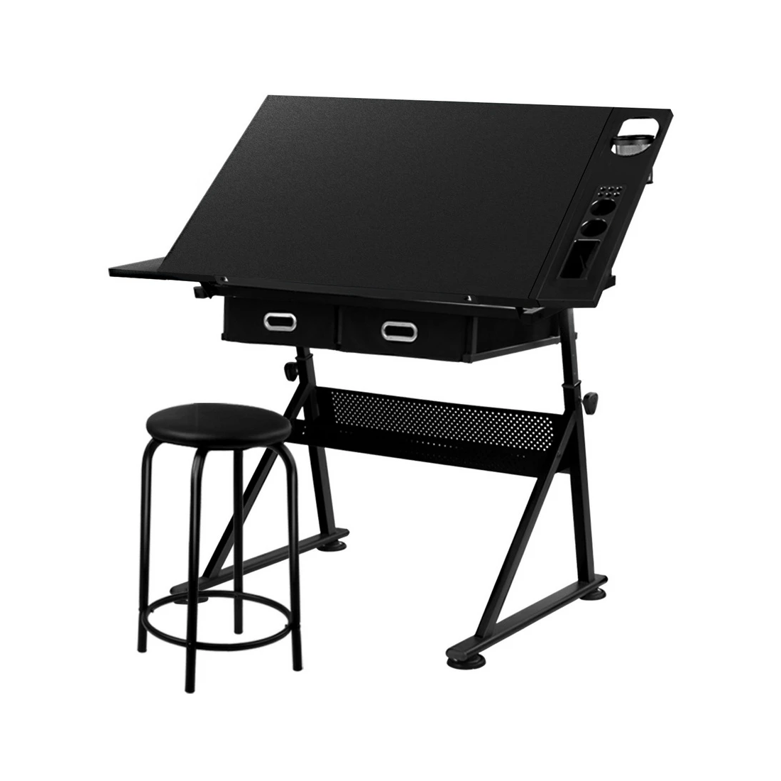 1 Artiss Drawing Desk Stool Set Drafting Table Adjustable Angle Tilt Drawers - Black, 1 of 6
