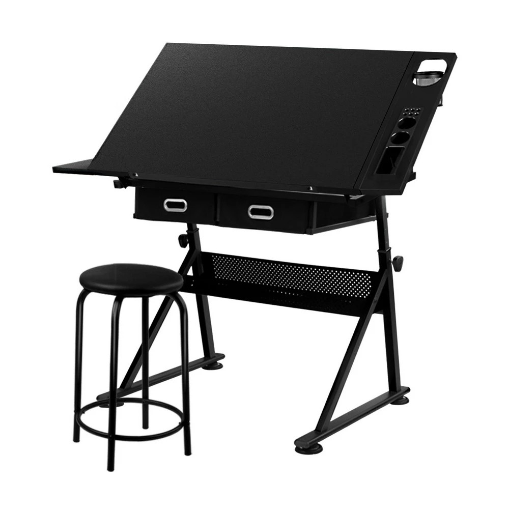 1 Artiss Drawing Desk Stool Set Drafting Table Adjustable Angle Tilt Drawers - Black, 1 of 5