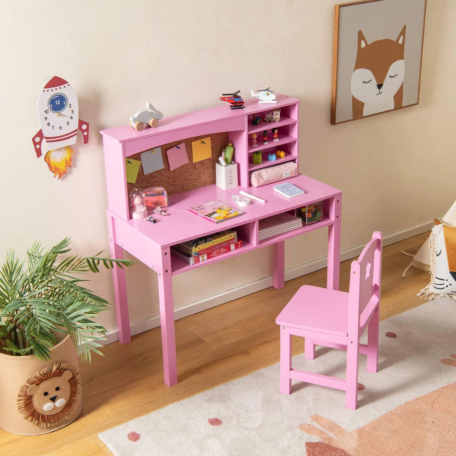 3 Costway Desk Chair Set Study Writing Table w/Cork Bulletin Board Bookshelf - Pink, 3 of 3