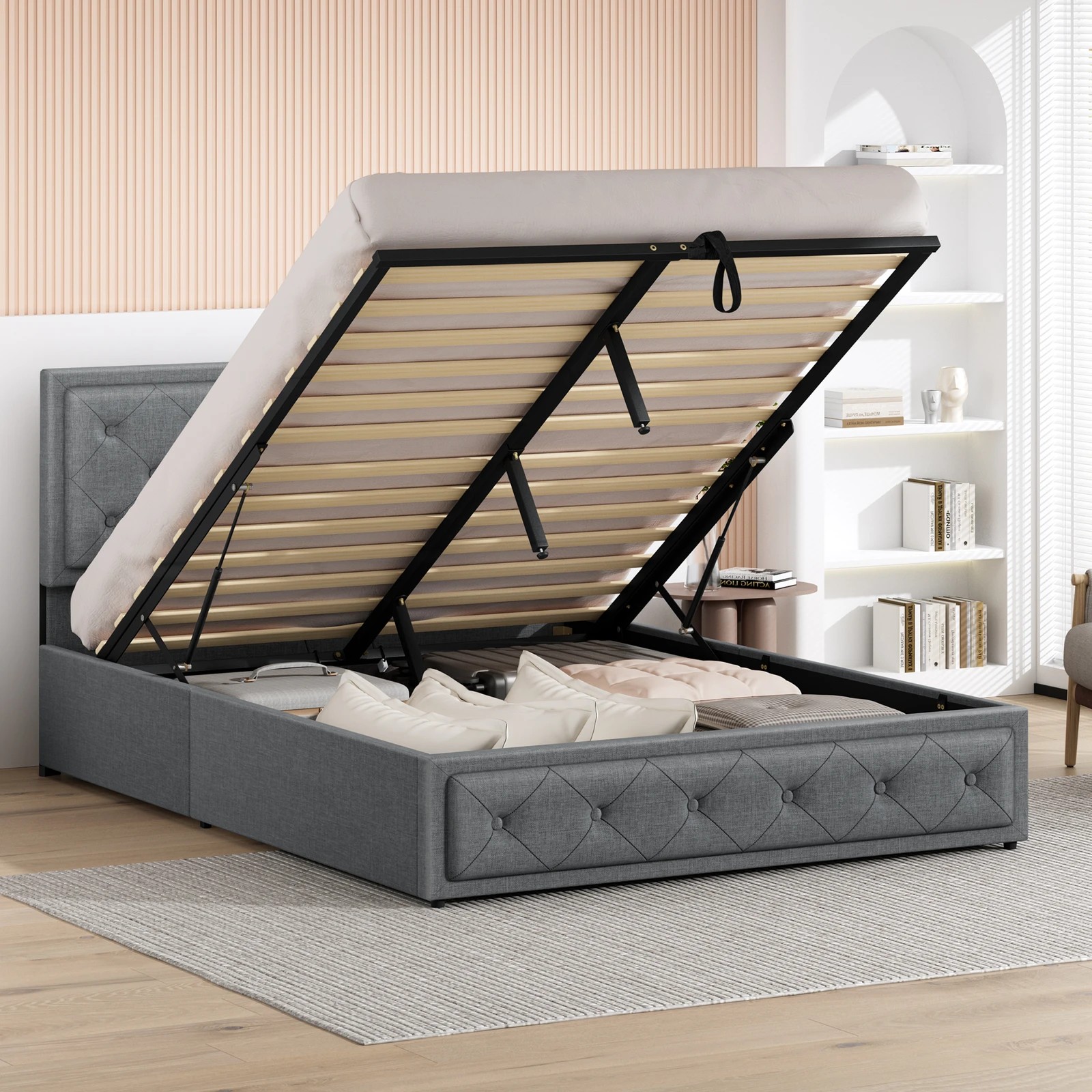 4 Alfordson Bed Frame Queen Size Gas Lift Storage Mattress Base Fabric Dinana - Grey, 4 of 10