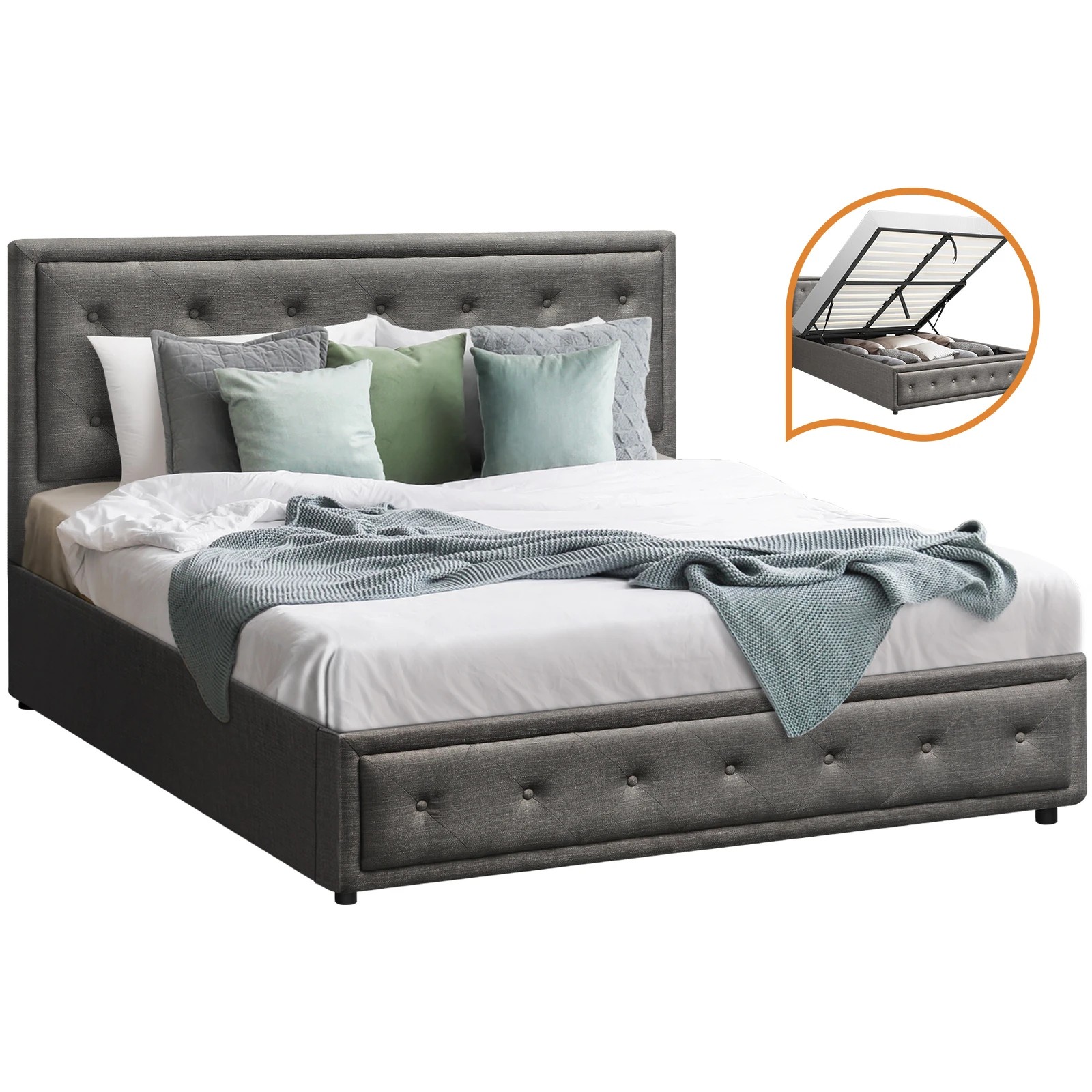 1 Oikiture Queen Bed Frame Gas Lift Base With Storage Enzo
 - Grey, 1 of 10