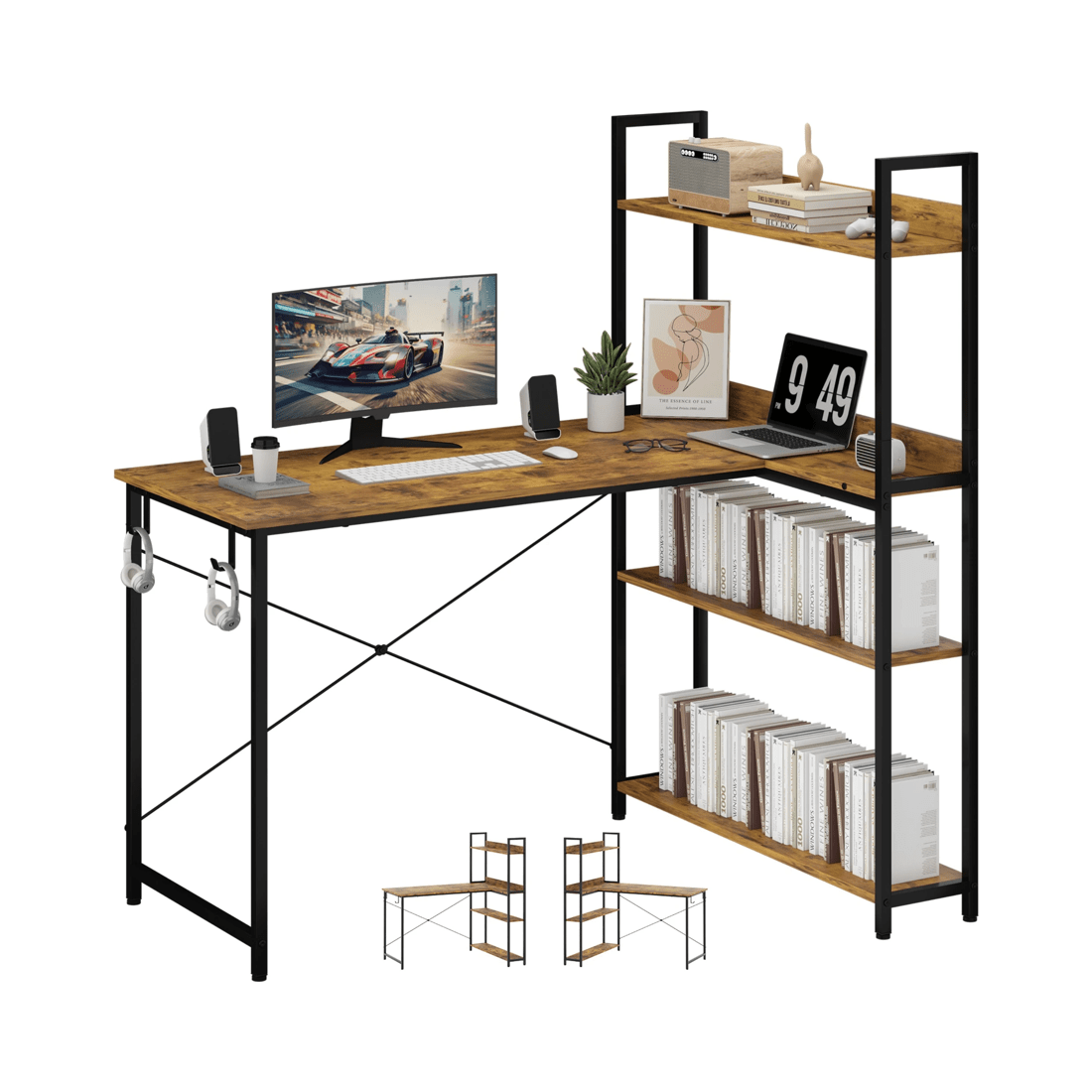 1 Advwin 120cm L Shaped Computer Desk With Reversible Storage Shelves Corner Desk  Walnut, 1 of 9