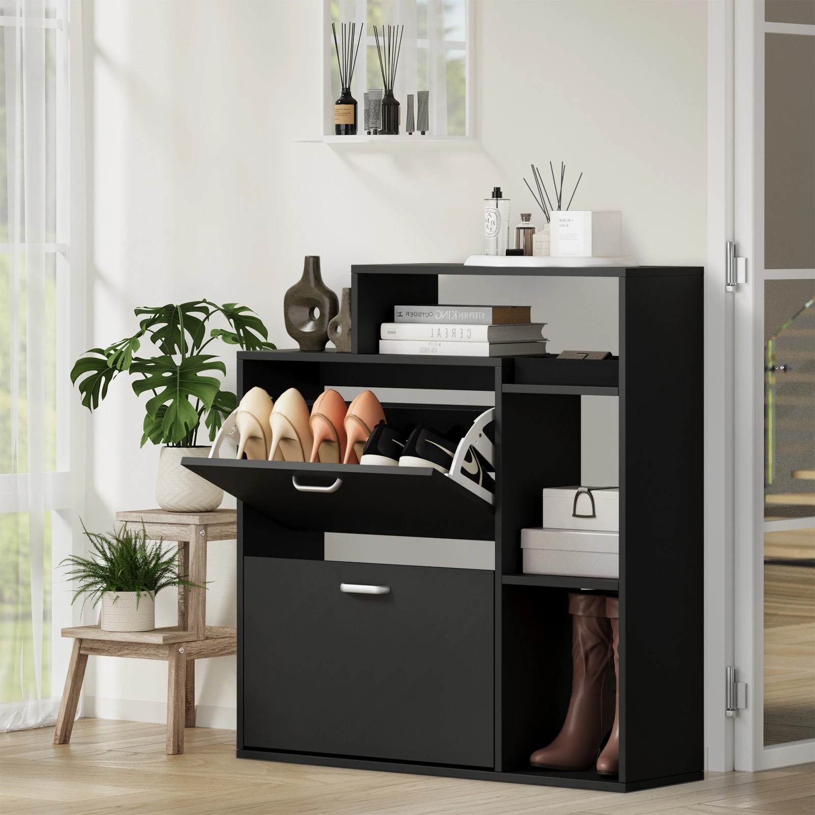 2 Oikiture Shoe Cabinet Storage 2 Doors Shoes Rack Display Shelves - Black, 2 of 8