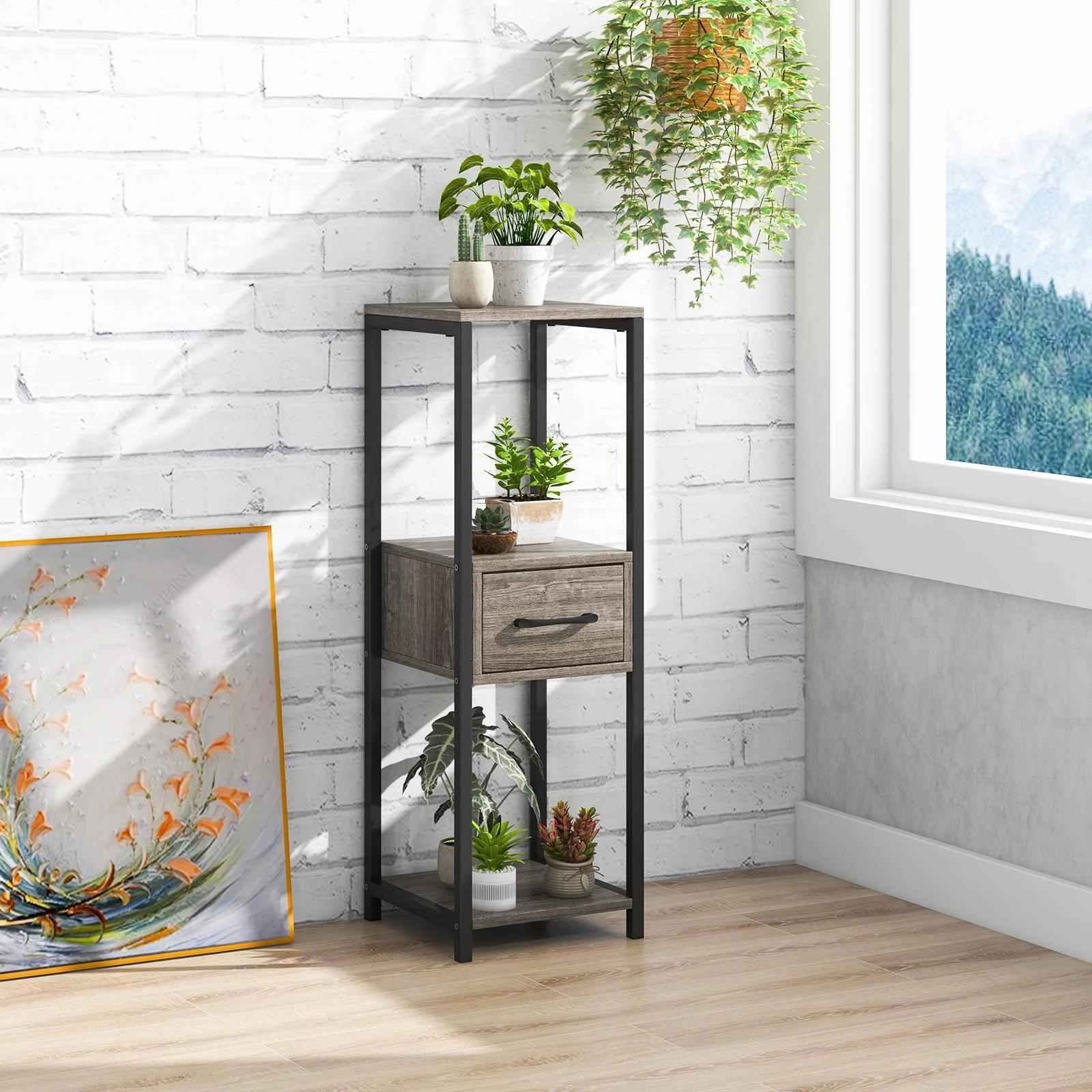3 Costway 3-Tier Flower Dislay Shelf Metal Plant Stand Display Holder Bookshelf w/Drawer, 3 of 3