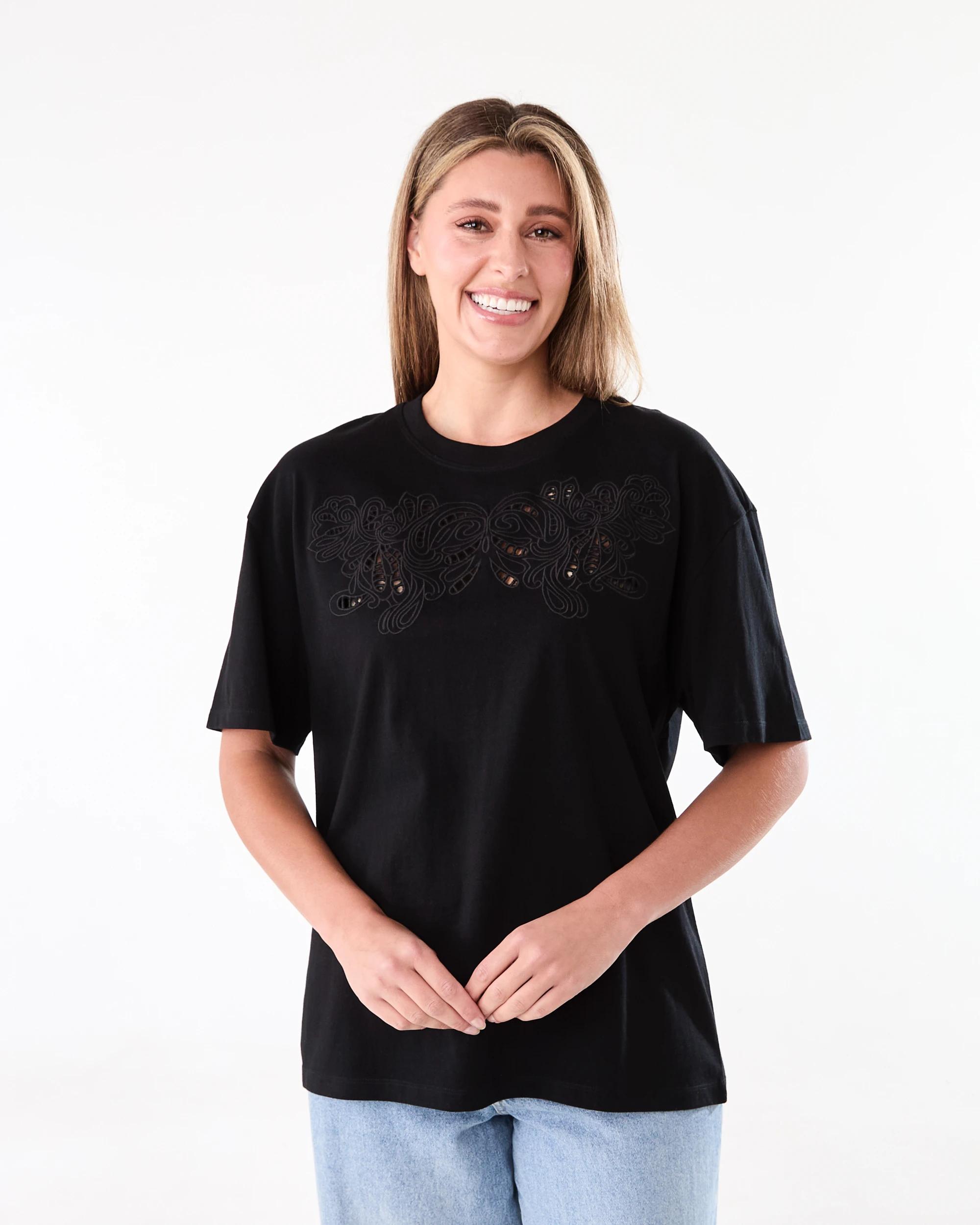 1 Short Sleeve Embroidery Detail T-shirt Black, 1 of 6