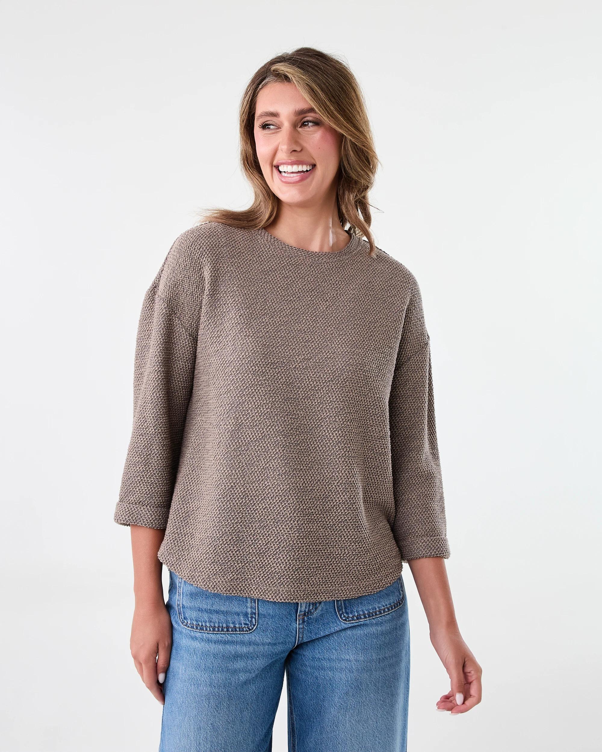 1 Long Sleeve Textured Split Hem Top Taupe Brn, 1 of 7