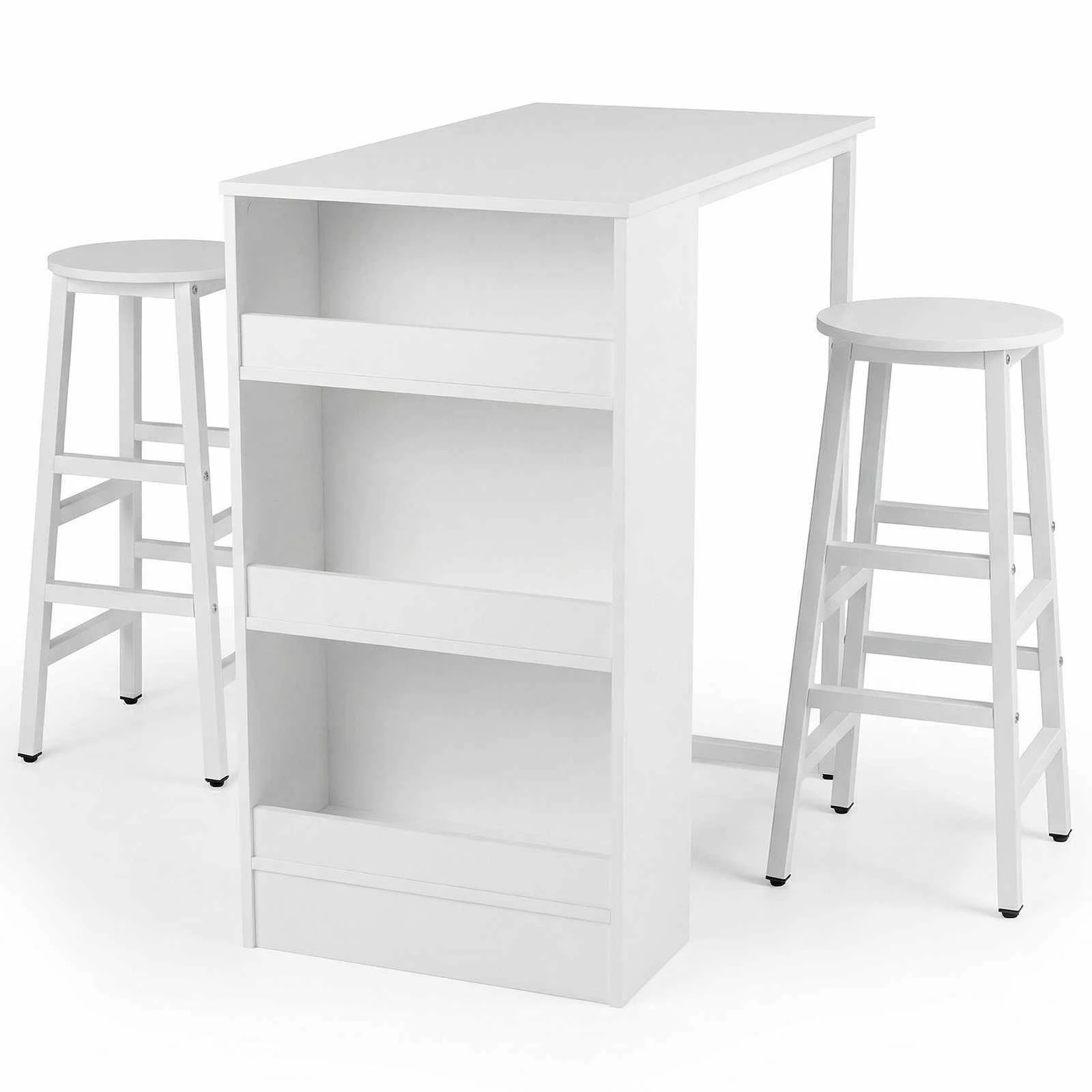 1 Costway 3PCS Dining Table Set Counter Height Bistro Table w/Storage Shelf Kitchen Table Set - White, 1 of 4