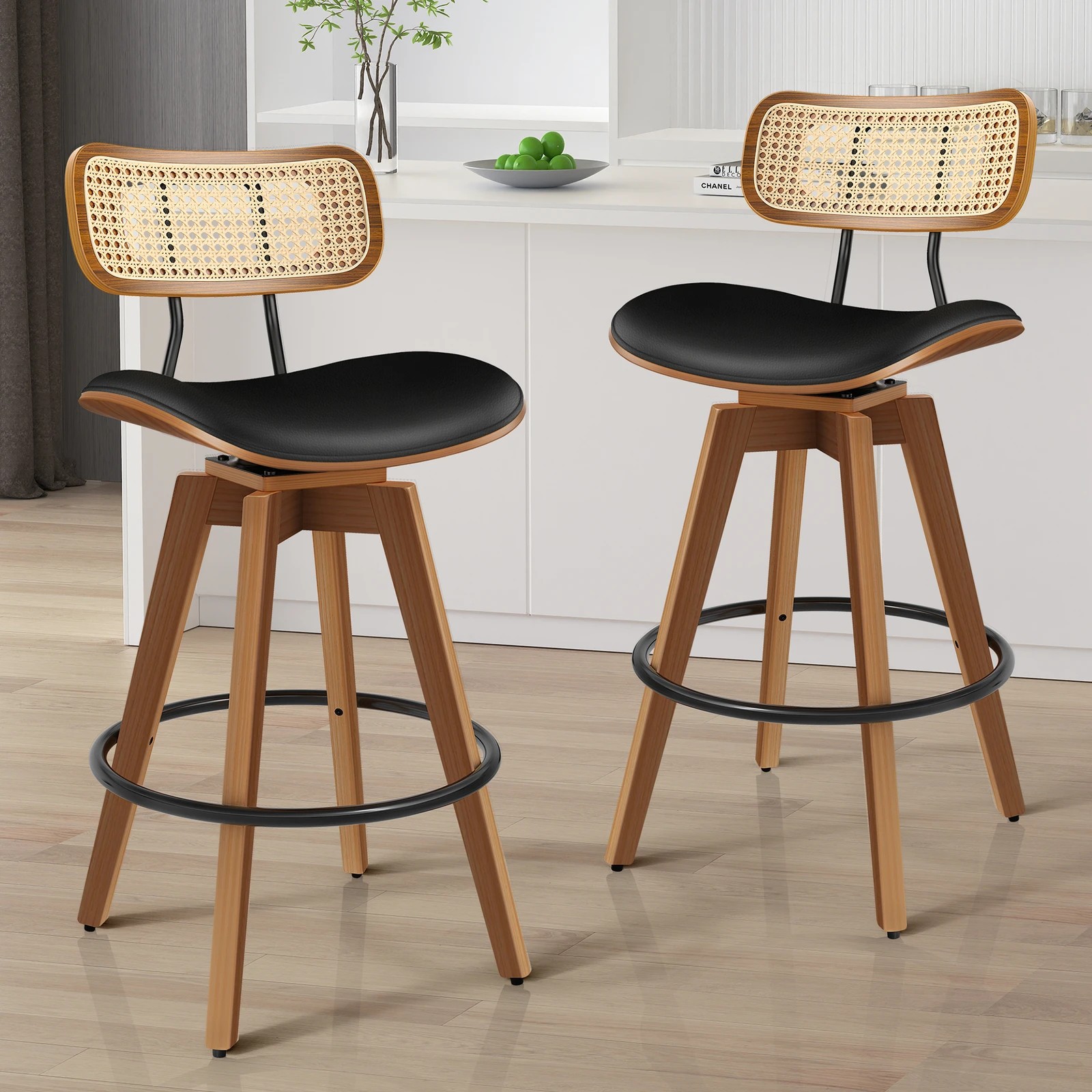 2 Alfordson 2x Bar Stools Kitchen Vintage Leather Seat Rattan Chair - Black, 2 of 9