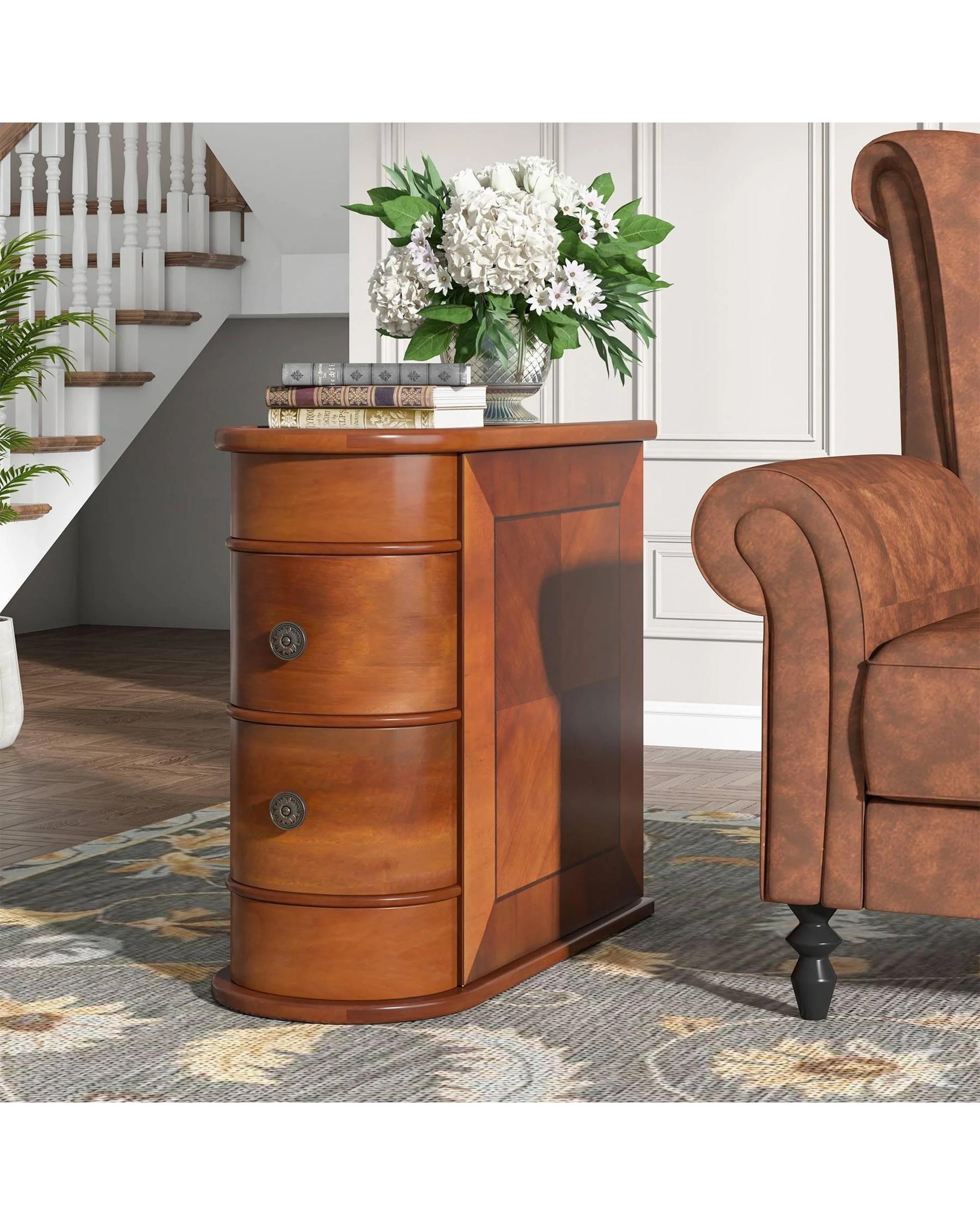 2 OAKORY 60cm End Table with 2 Drawers, Fully Assembled Narrow Side Table Walnut, 2 of 6