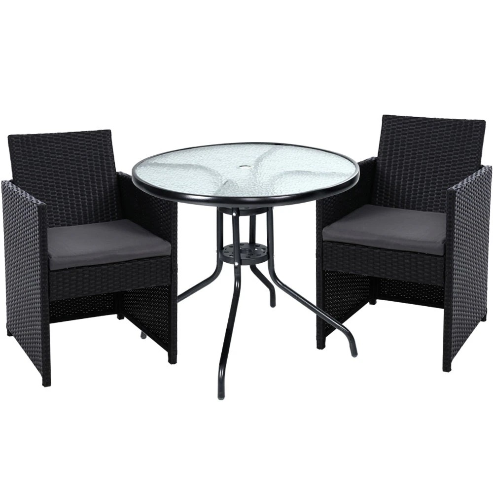 1 Gardeon 3PC Bistro Set Outdoor Furniture Rattan Table Chairs Cushion Patio - Black, 1 of 6
