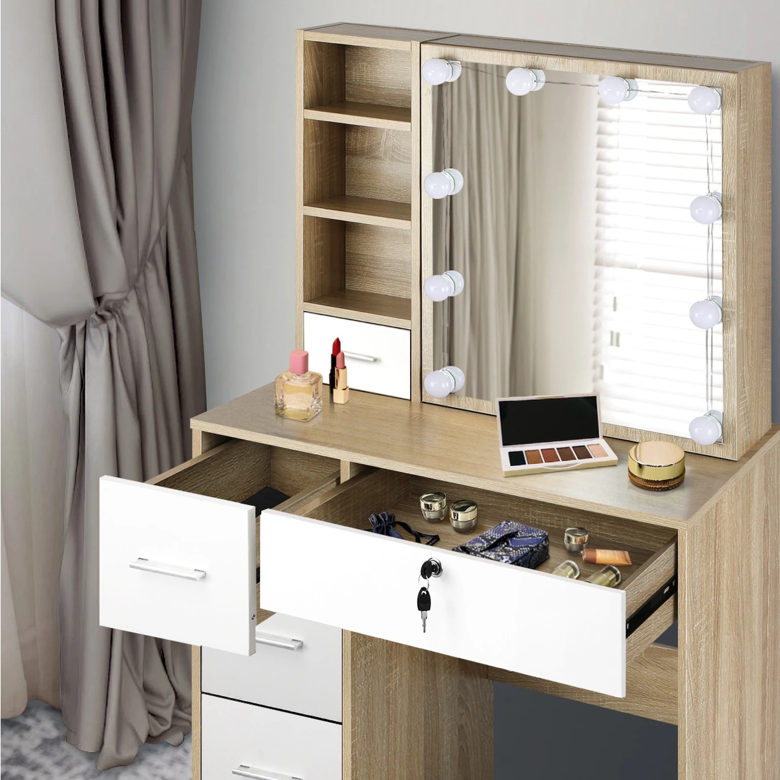 5 Oikiture Dressing Table Stool Set Slide Mirror Drawer 10 Led Bulbs
 - Multi, 5 of 9