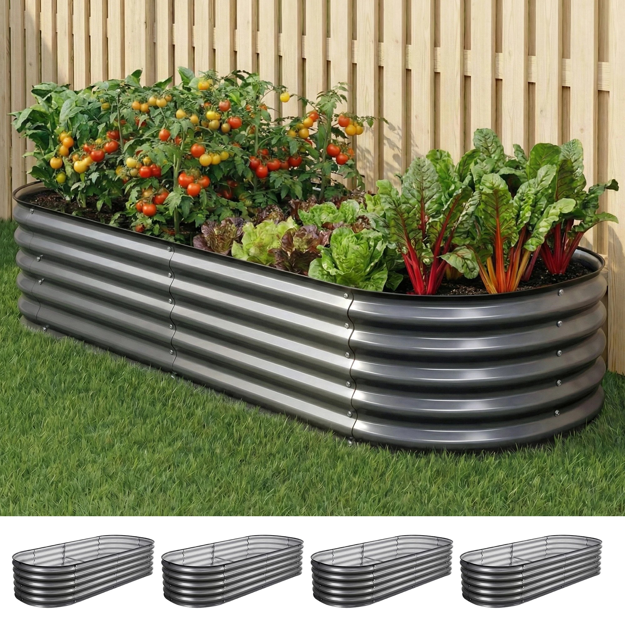 4 Green Fingers 4 Pcs Raised Garden Bed Kit 160x80x42cm Oval Galvanized Steel Planter Boxes Vegetables - Grey, 4 of 4