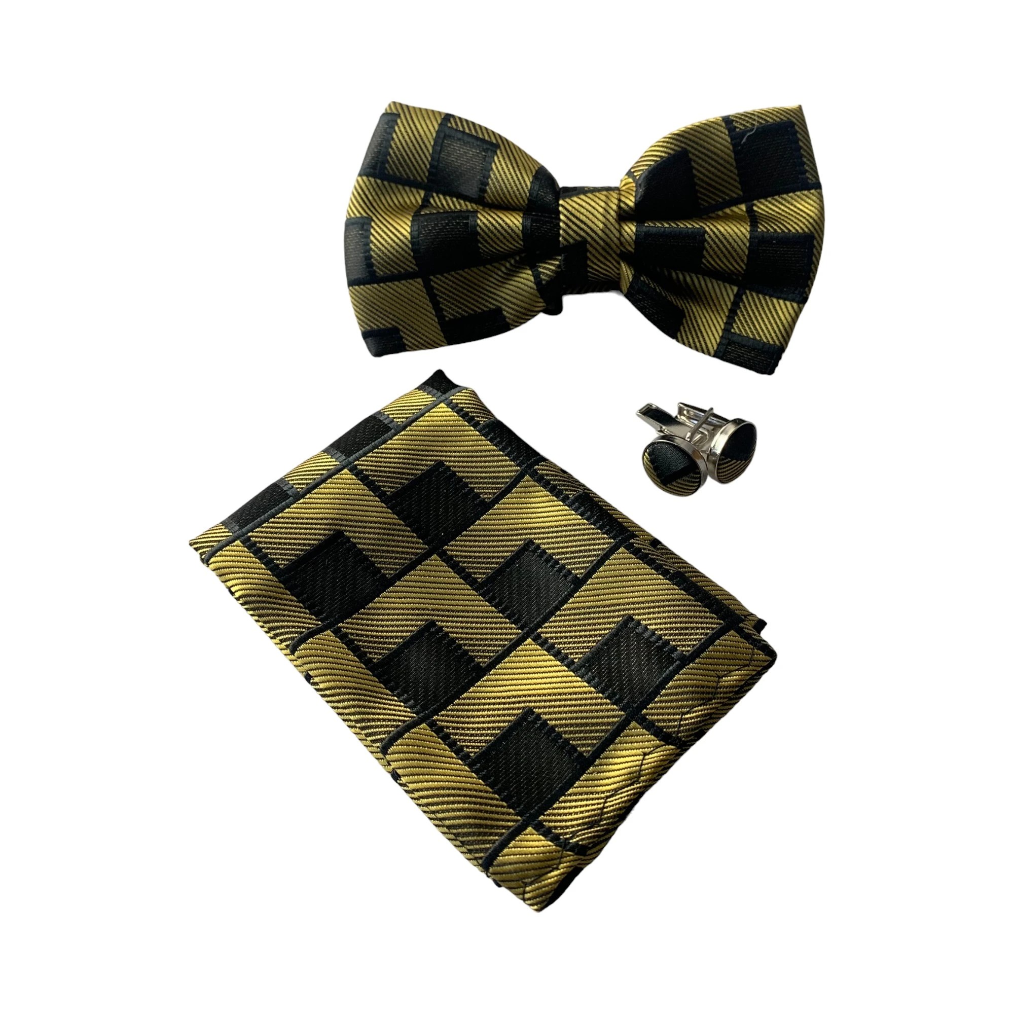 3 Zasel Mens Gold Rectilinear Matching Bow Tie, Pocket Square & Cuff Links Set - Multi, 3 of 4