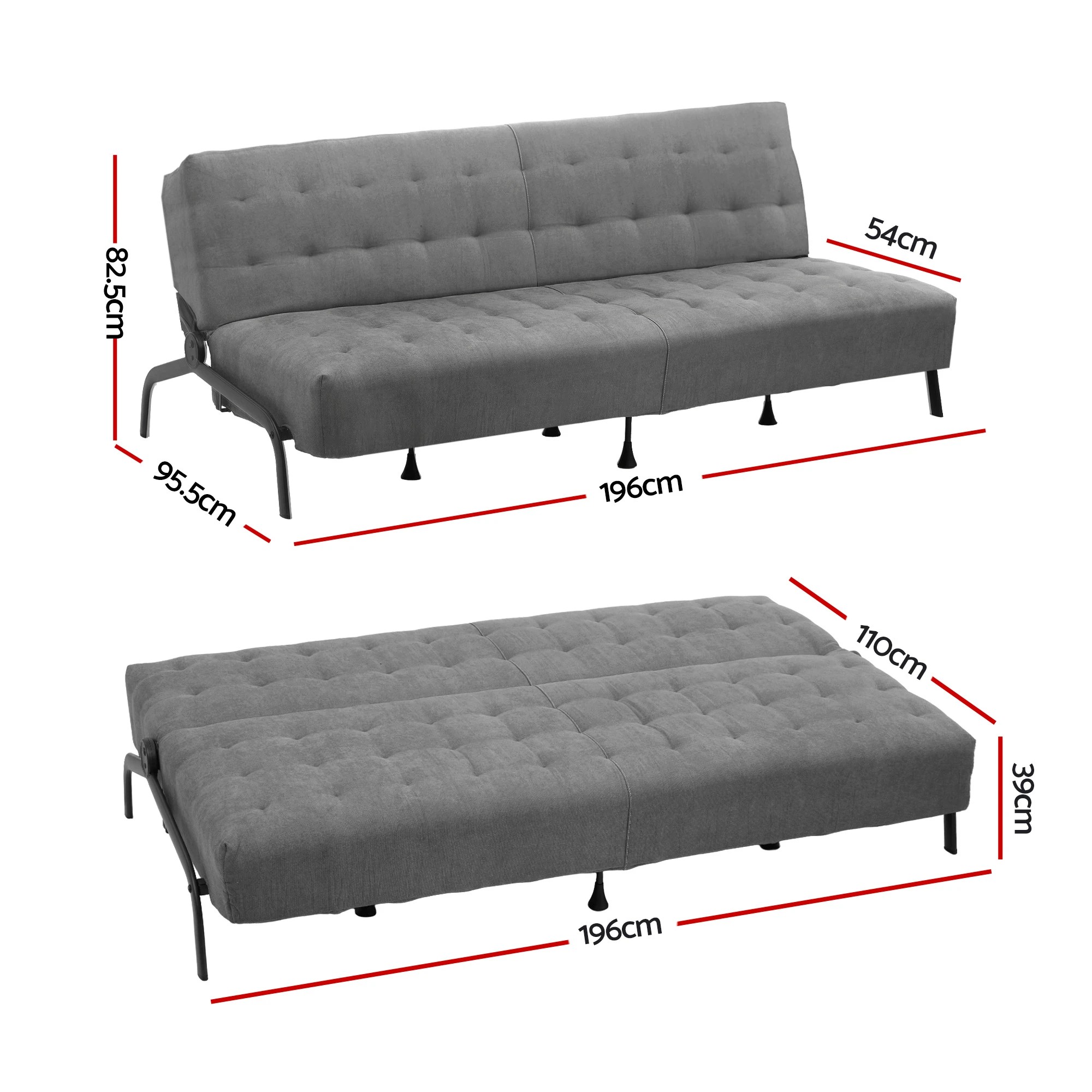2 Artiss Sofa Bed 1.9m 3-Seater Soft Innerspring Adjustable Couch Futon Chair - Grey, 2 of 4