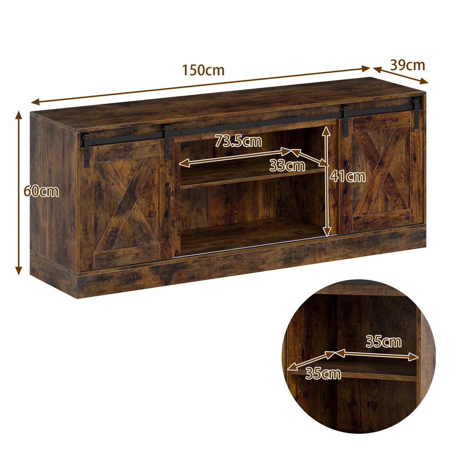 3 Costway TV Cabinet 1.5M Media Console Cabinet w/Sliding Barn Doors & Adjustable Shelves, 3 of 4