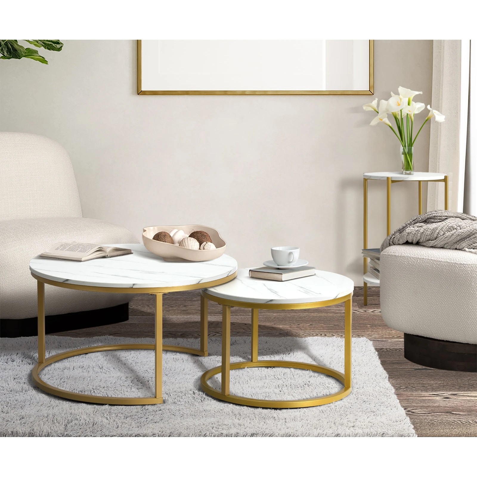 4 Oikiture Side End Table Coffee Sofa Bedside Nightstand Marble-like Round
 - Multi, 4 of 8