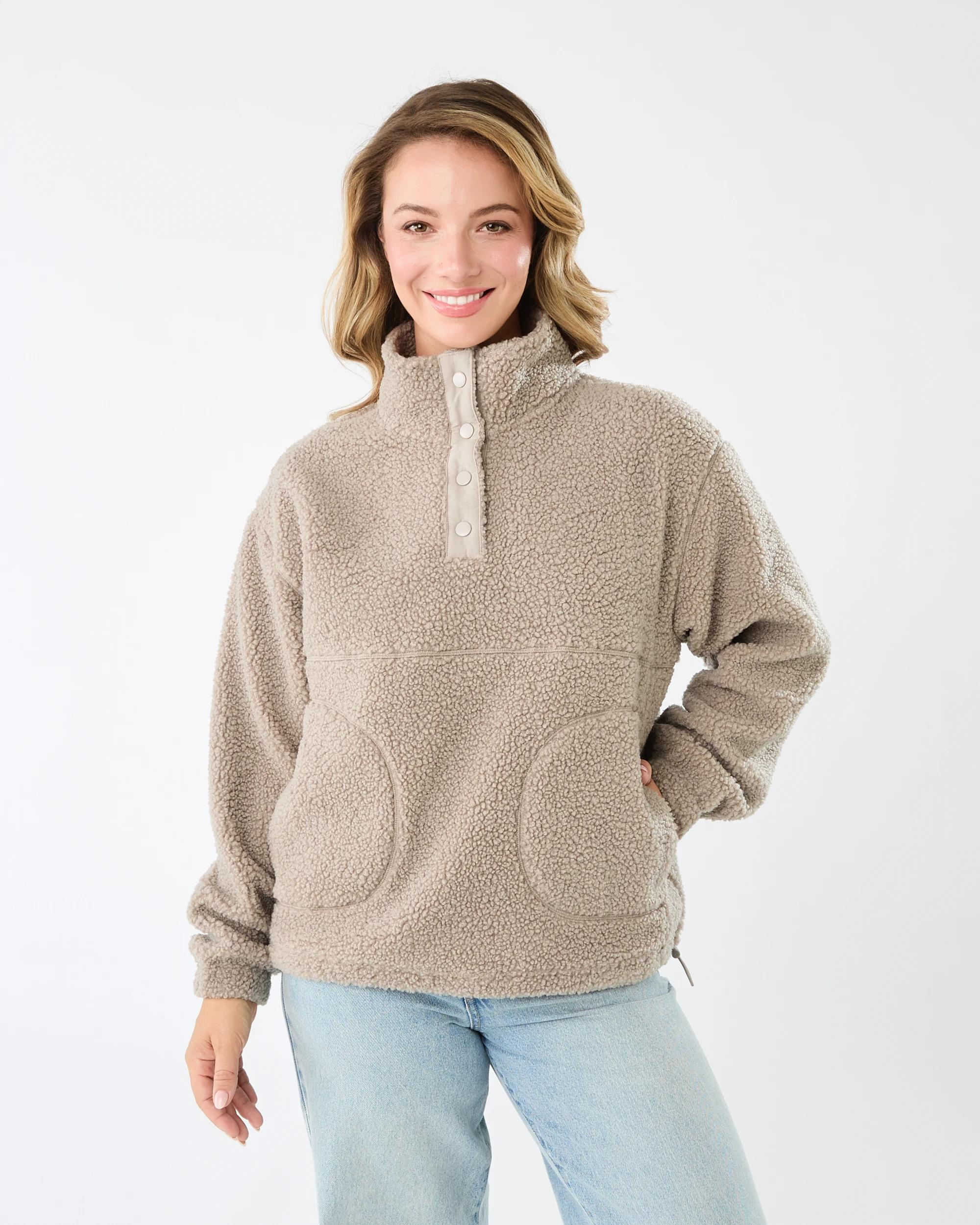 1 Long Sleeve Quarter Button Through Boucle Sweatshirt Grey Taupe, 1 of 6