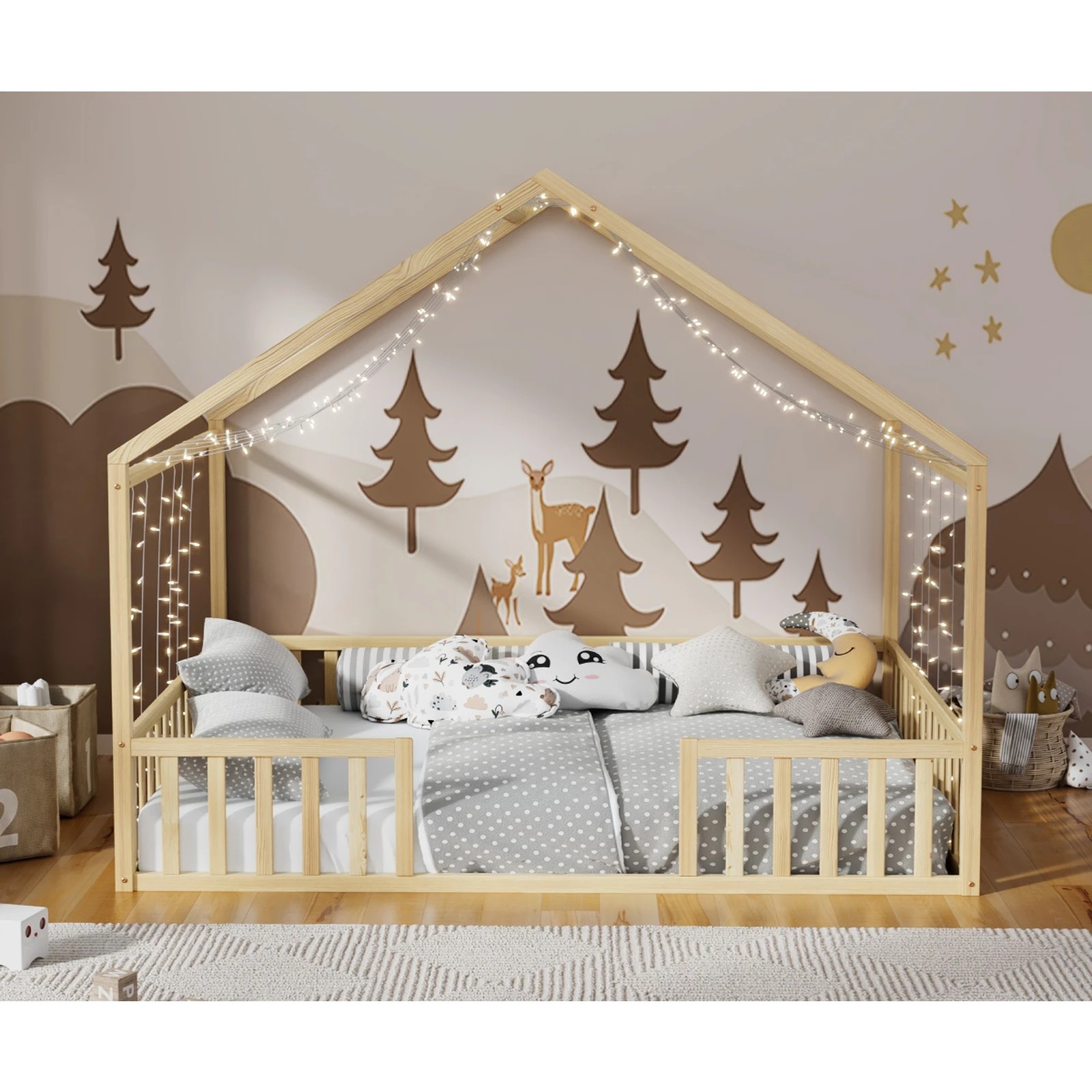 4 Oikiture Double House Bed Kids Wooden Bed Frame - Natural, 4 of 10