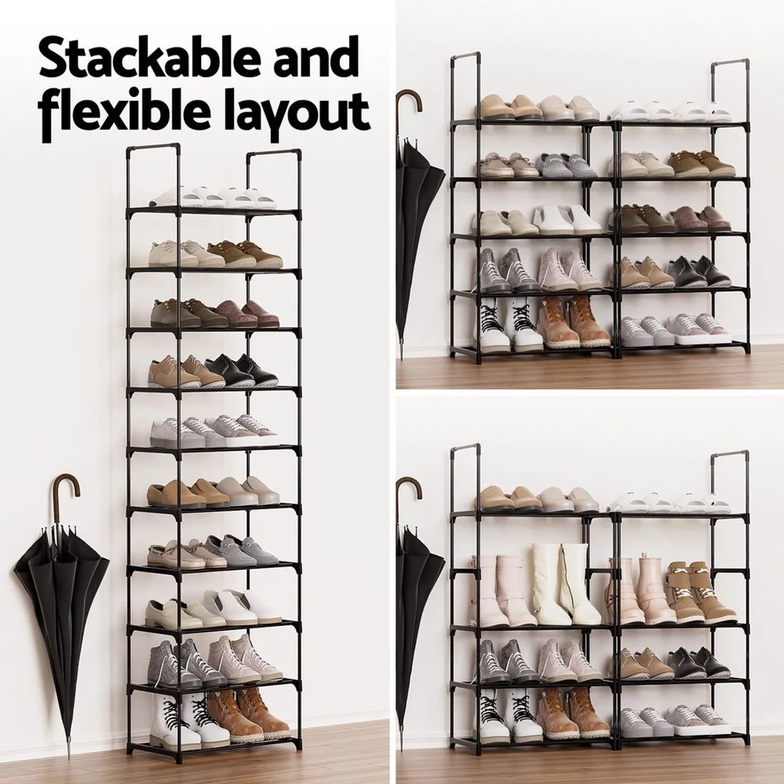 6 Artiss Shoe Rack Diy Stackable 10-tier Entryway Closet Organizer Space Saving Sturdy Easy Assembly Bedside Table - Black, 6 of 8