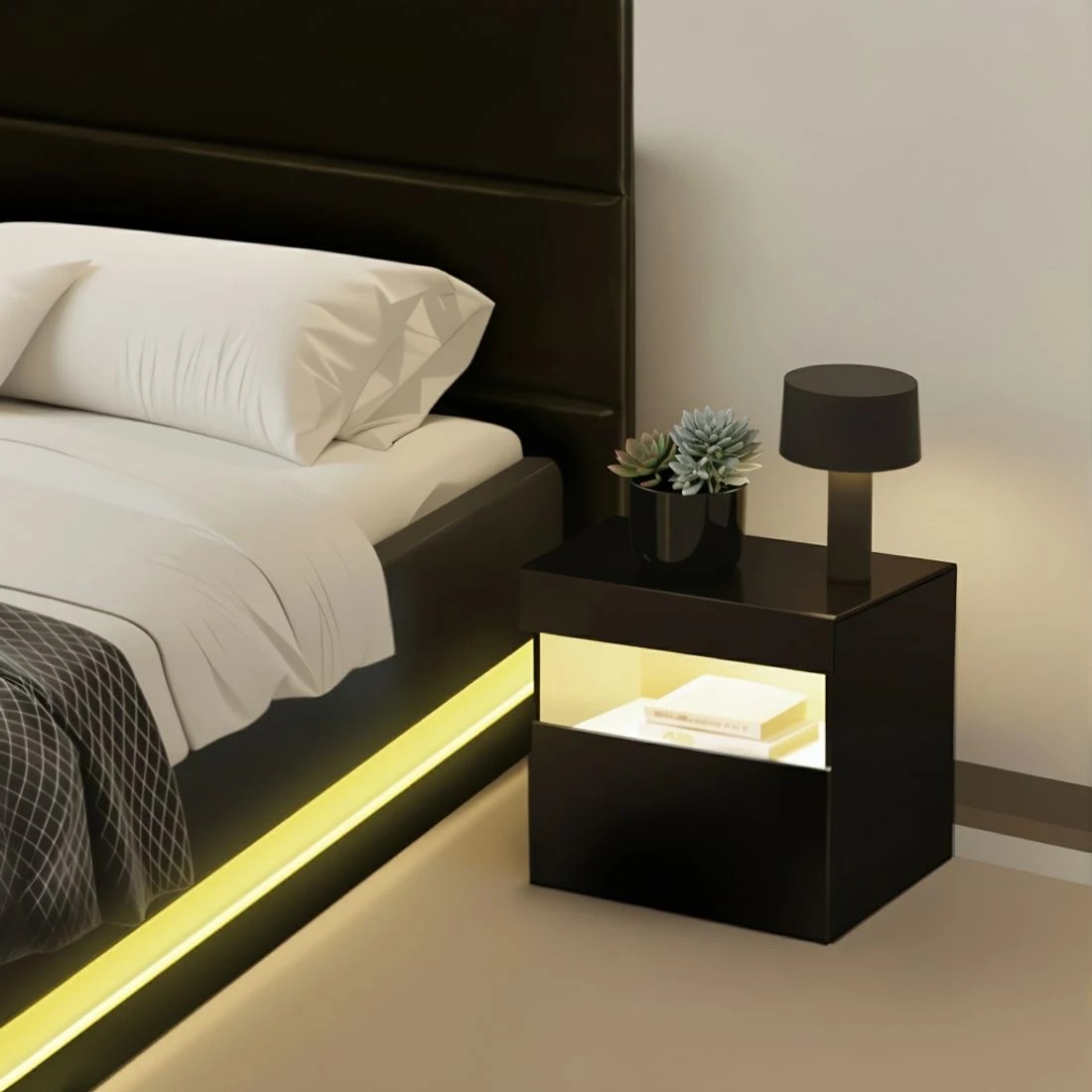 6 Artiss RGB LED Double Bed Frame with Beside Table Set 16 Colour Mood Lighting - Black, 6 of 8