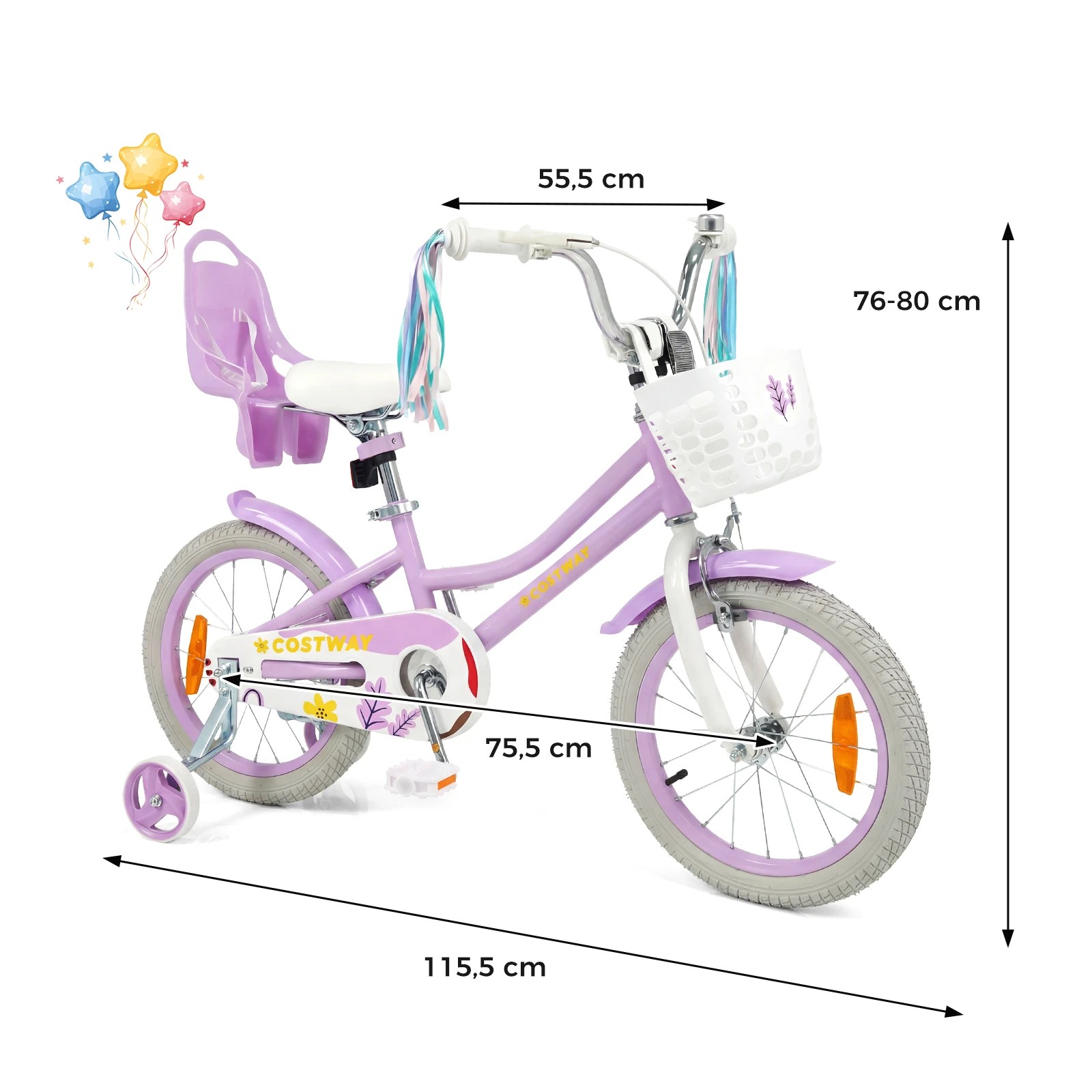 4 Costway 40cm Kids Bike Bicycle Ride-on w/Training Wheels & Doll Seat & Front Basket Beginner - Purple, 4 of 4