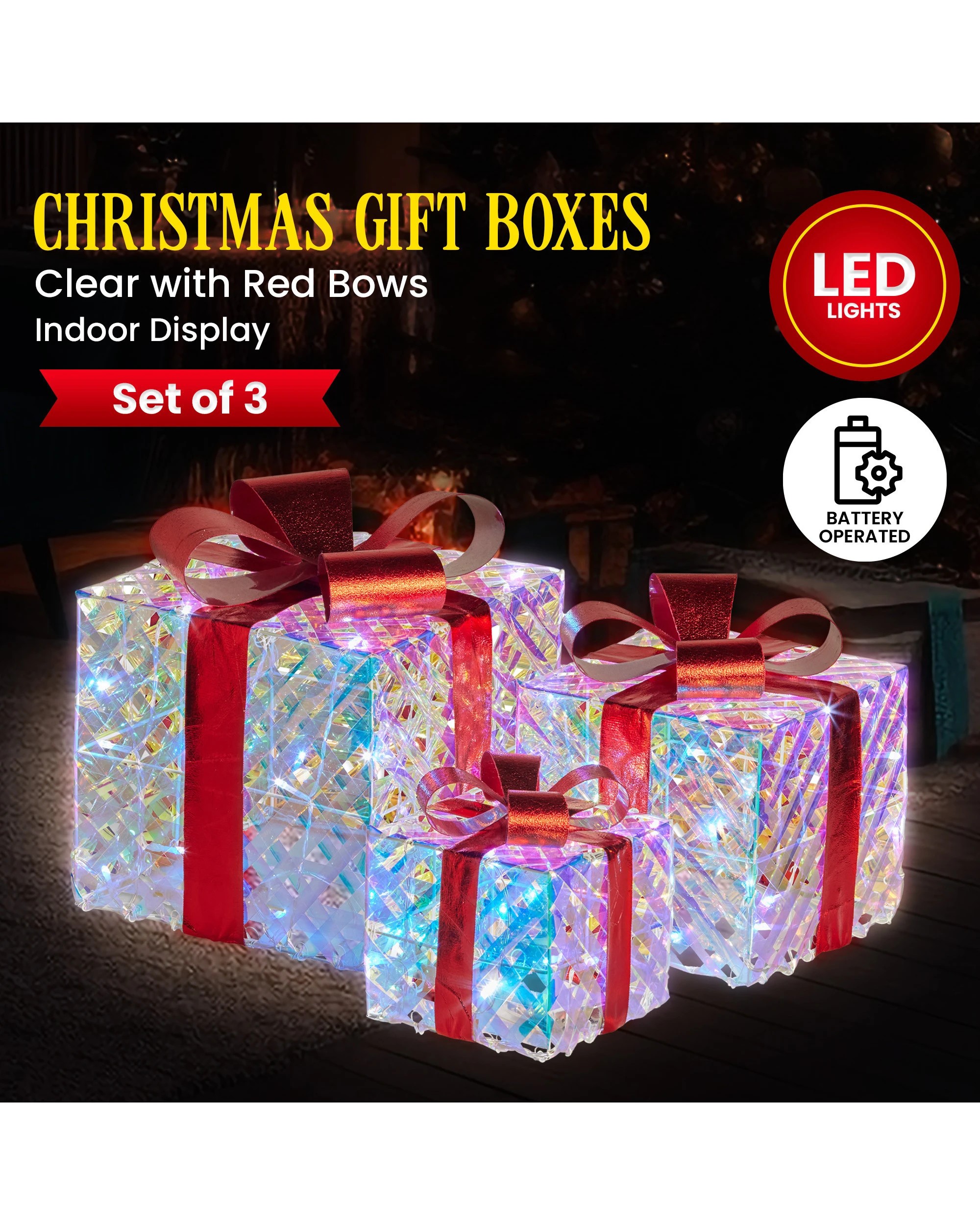 3 Christabelle Set Of 3 Christmas Gift Boxes Display With Lights In Clear Shimmer And Red, 3 of 5