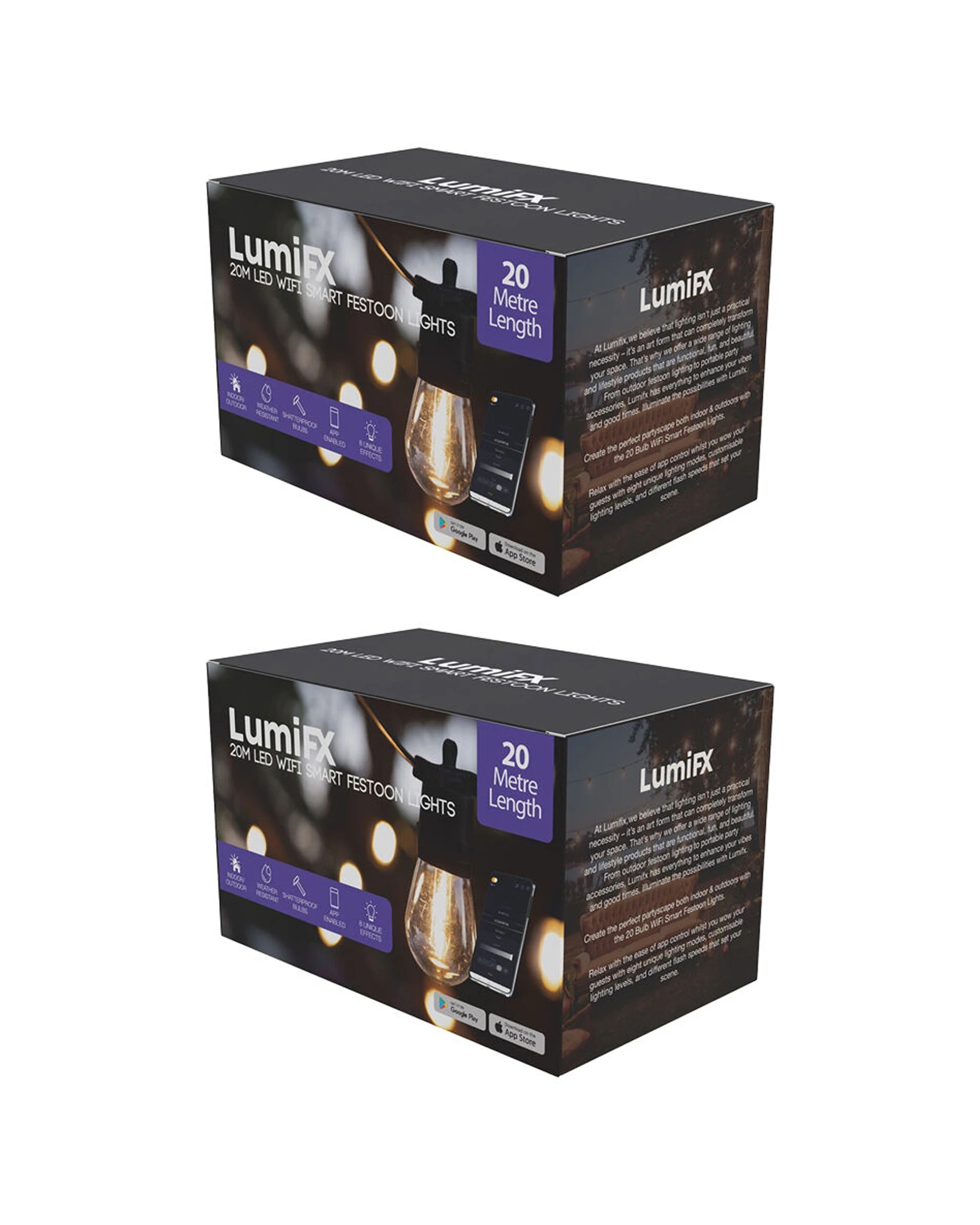1 LumiFX 2PK 20 Bulb LED WIFI Smart Indoor & Outdoor Festoon Lights 20m Warm - White, 1 of 8