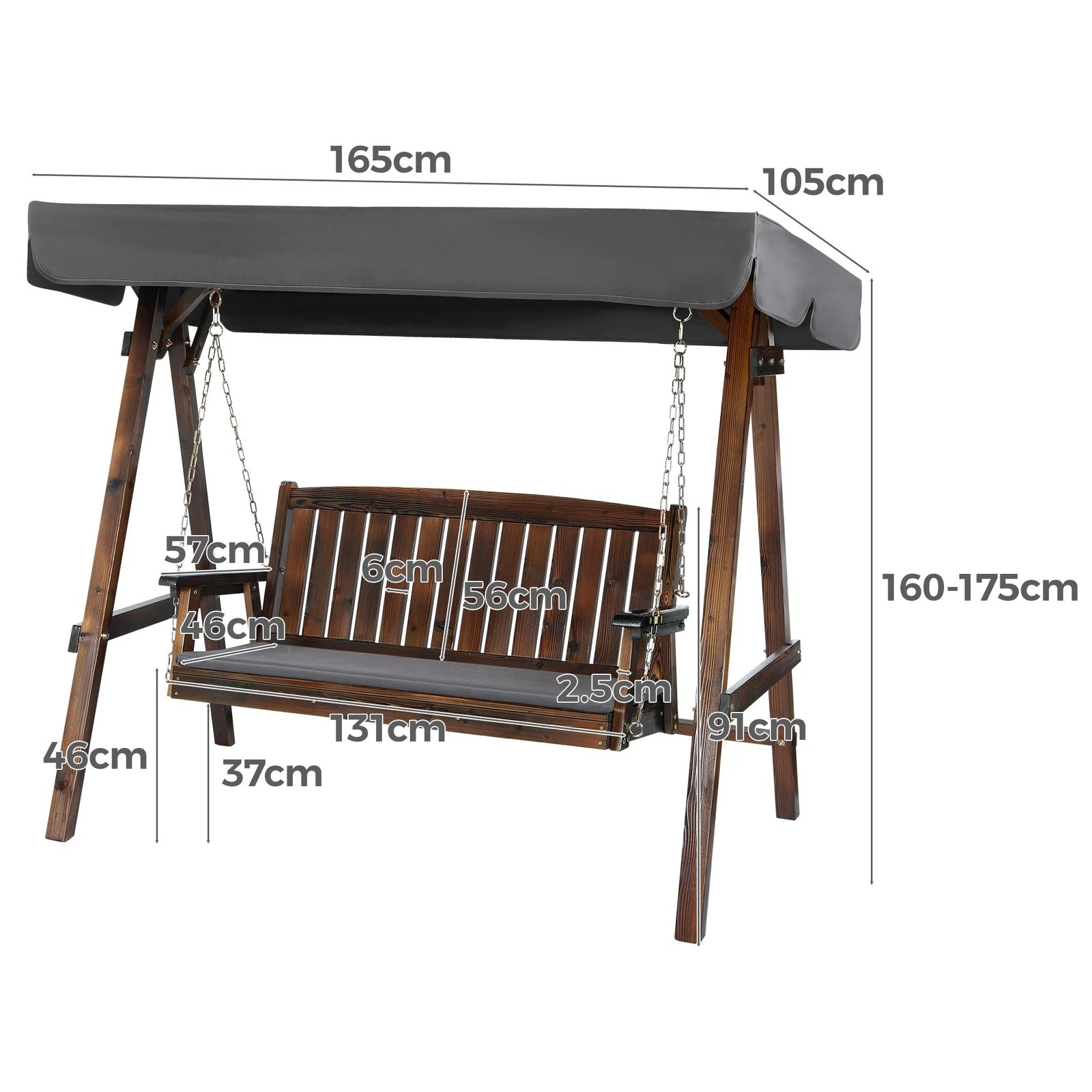 8 Alfordson Swing Chair Outdoor Furniture Wooden Garden Patio Canopy XL - Charcoal, 8 of 10