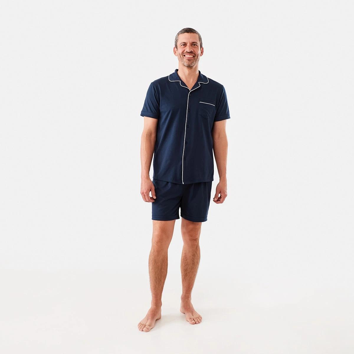 1 Short Sleeve Knit Button Through Pyjama Set Navy, 1 of 8