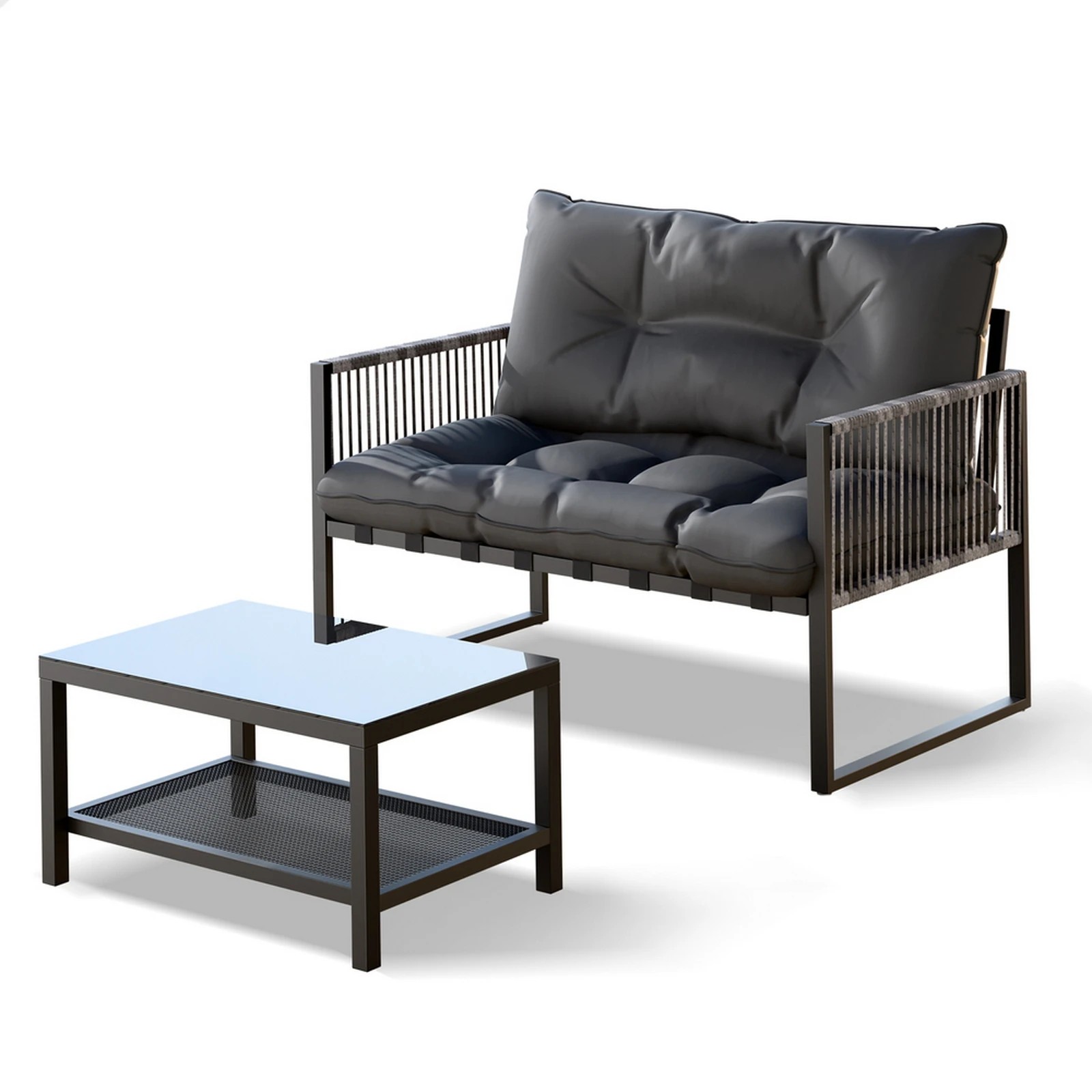 1 Alfordson 2PCS Outdoor Lounge Sofa Set Wicker Furniture Table and Chairs Garden - Black Grey, 1 of 9