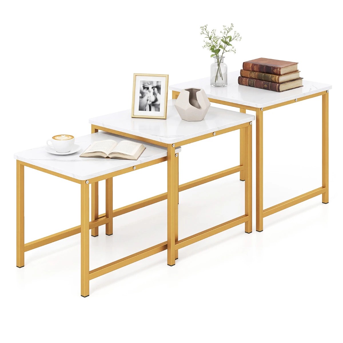 6 Costway Coffee Table Set 3 Modern Side End Table Metal Frame - White, 6 of 6