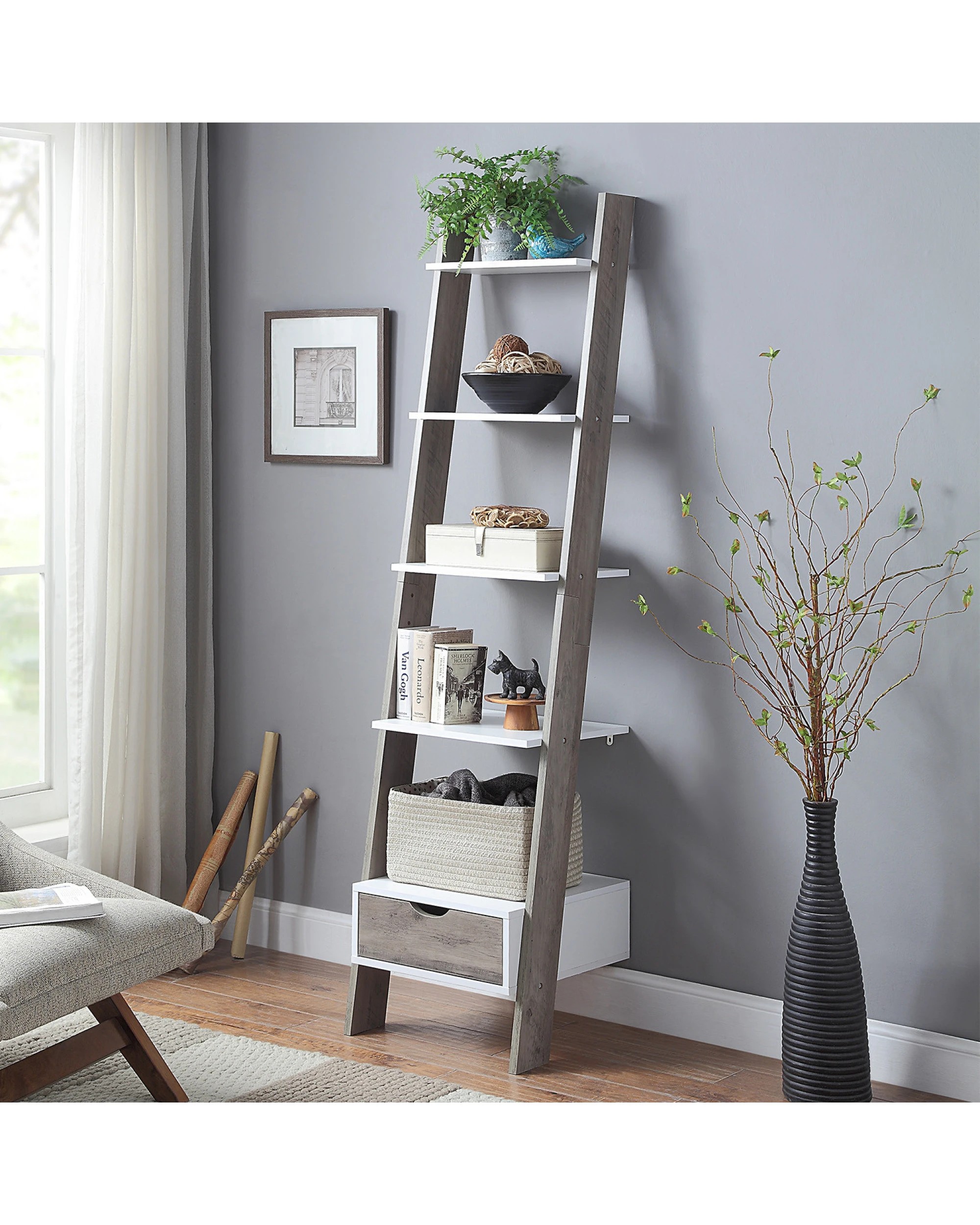 7 Sarantino Mira 5-tier Ladder Shelf In White And Grey Oak, 7 of 10