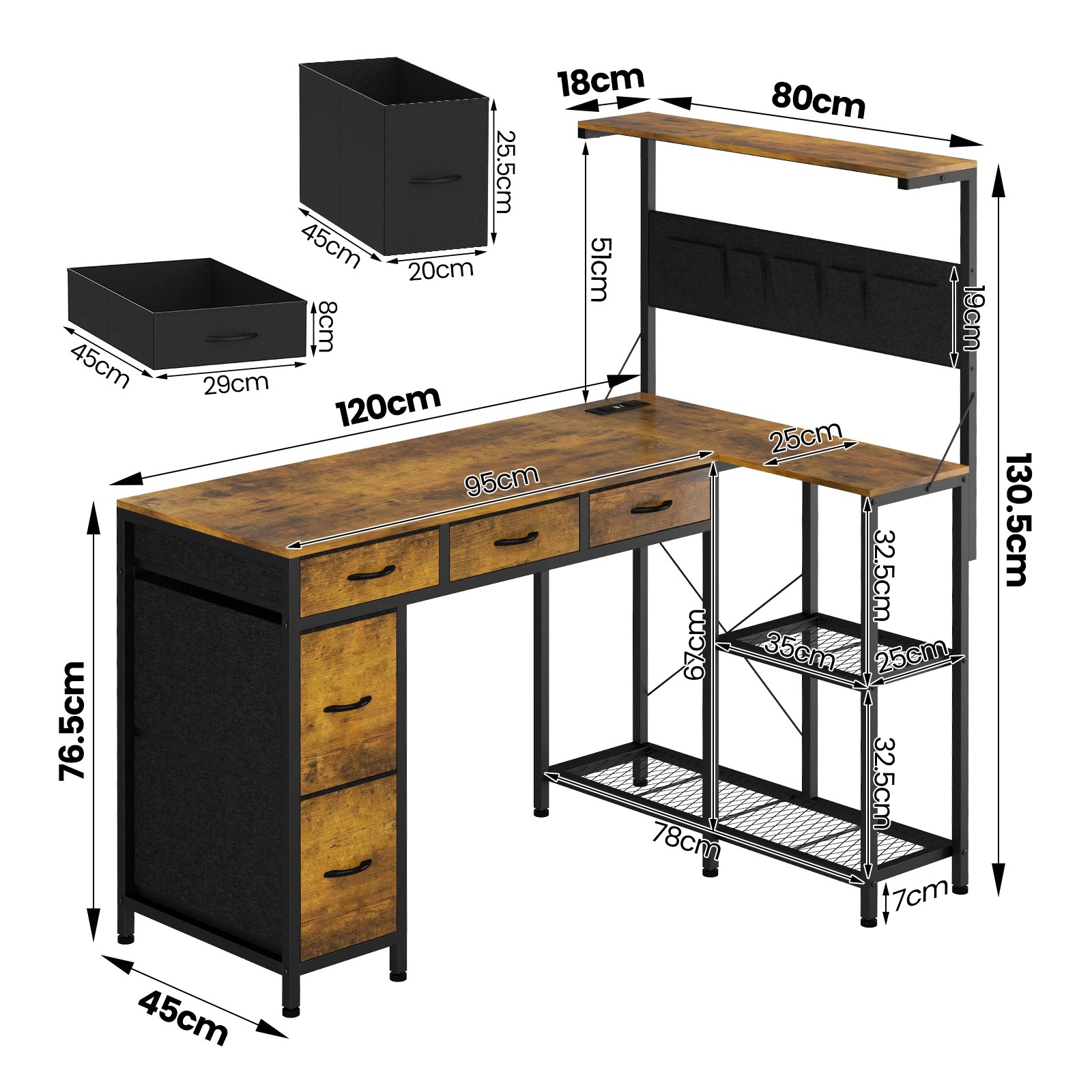 6 Advwin Gaming Desk with Power Outlets Reversible Corner Computer Desk with Storage Shelf Fabric Drawer and Bag - Brown, 6 of 7