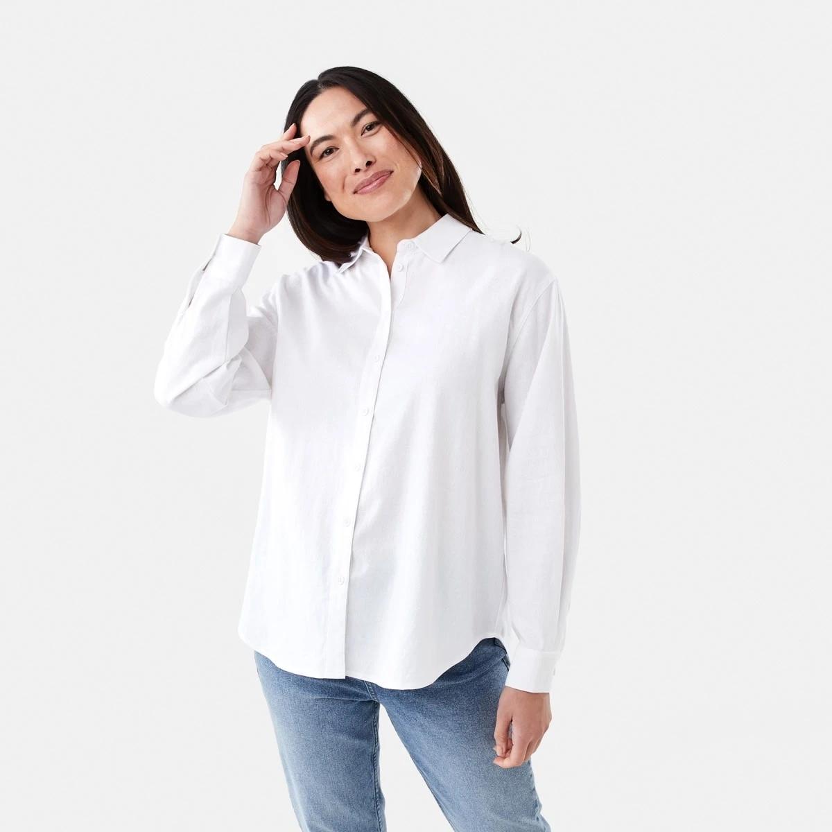 1 Long Sleeve Linen Blend Shirt WHITE, 1 of 6