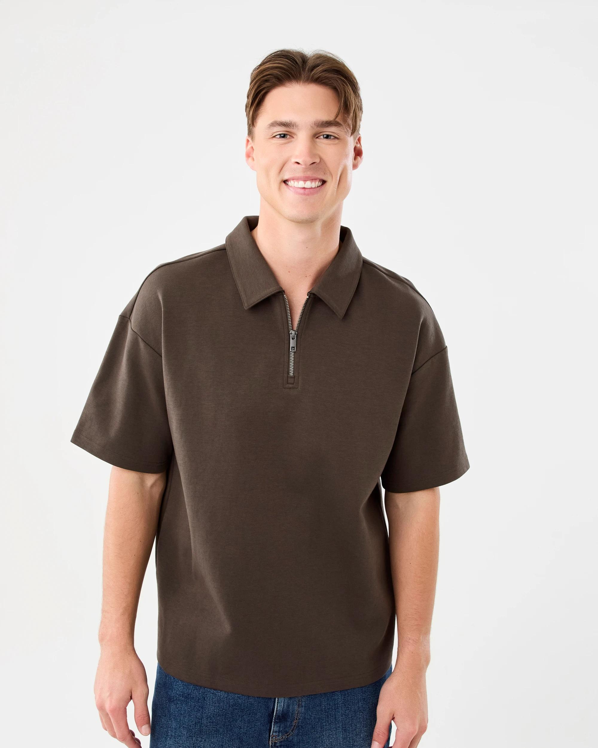 1 1/4 Zip Interlock Polo Shirt Brn Mulch, 1 of 5