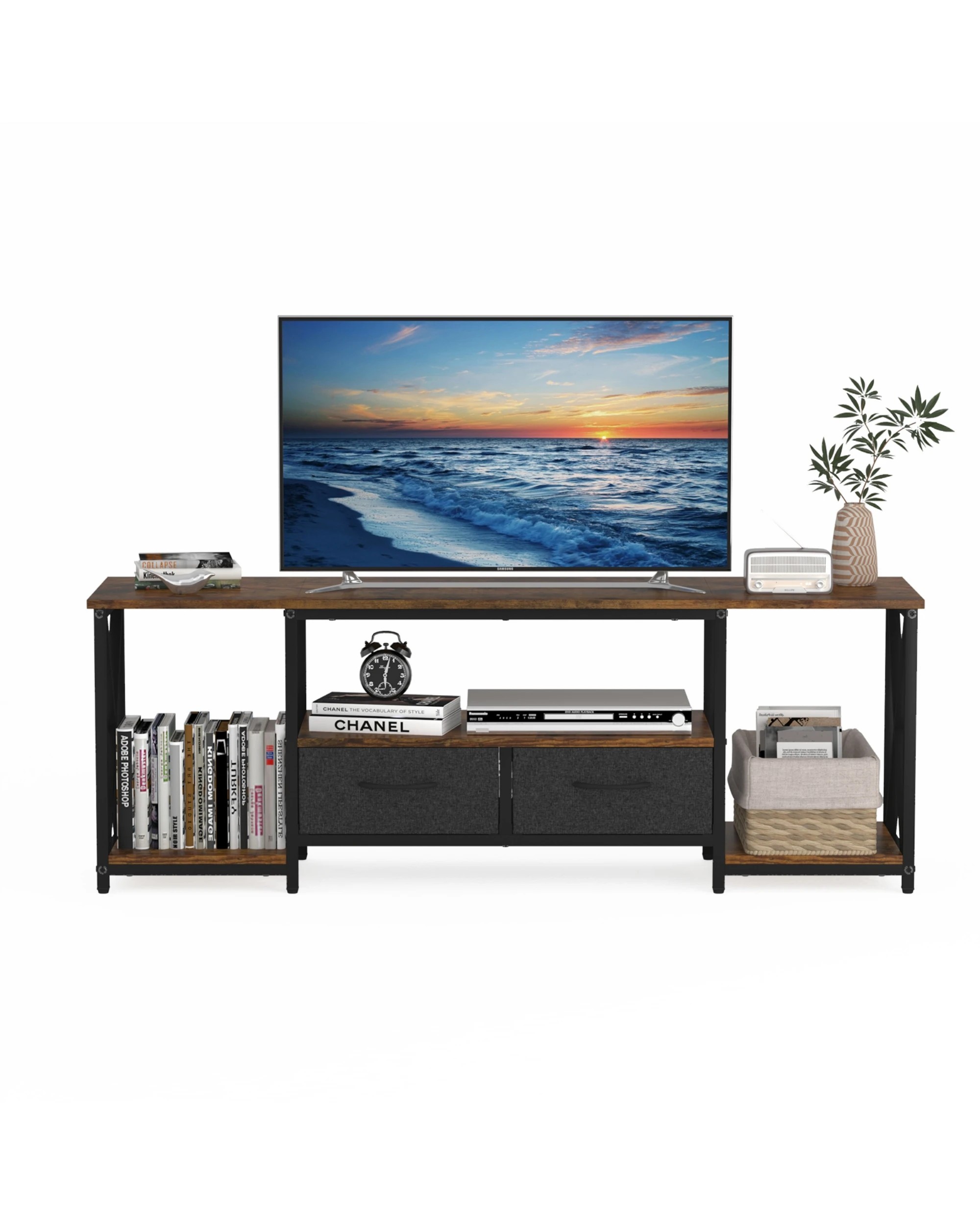 1 Advwin TV Cabinet 140cm Entertainment Unit Stand w/ Shelf & Drawers Media Console Walnut, 1 of 7