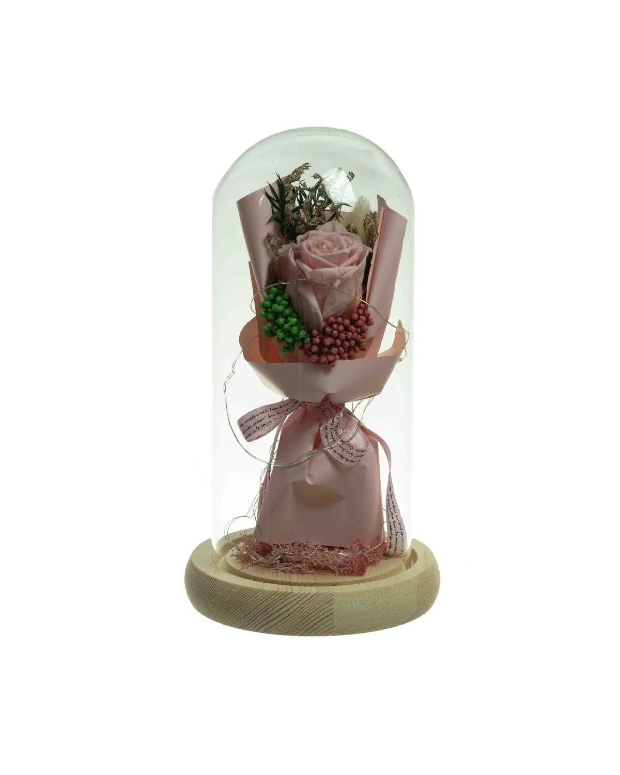 1 Fusion Preserved Dried Rose Flower 21cm Floral Set in Glass Dome w/ Fairy Lights in Pink, 1 of 1