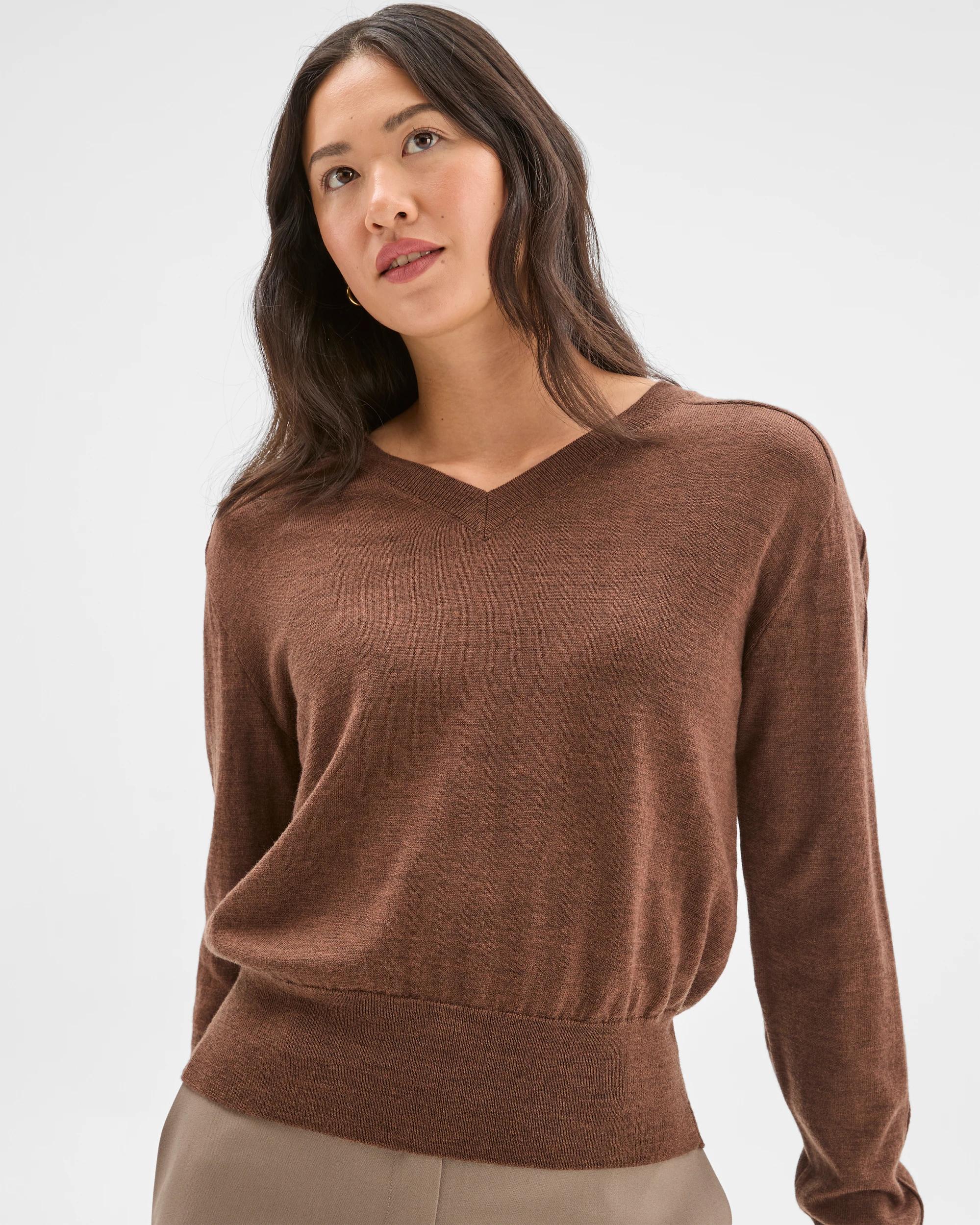 1 Preview Australian Merino Wool Long Sleeve V-Neck Knit Top CARAMEL BROWN MARLE, 1 of 7