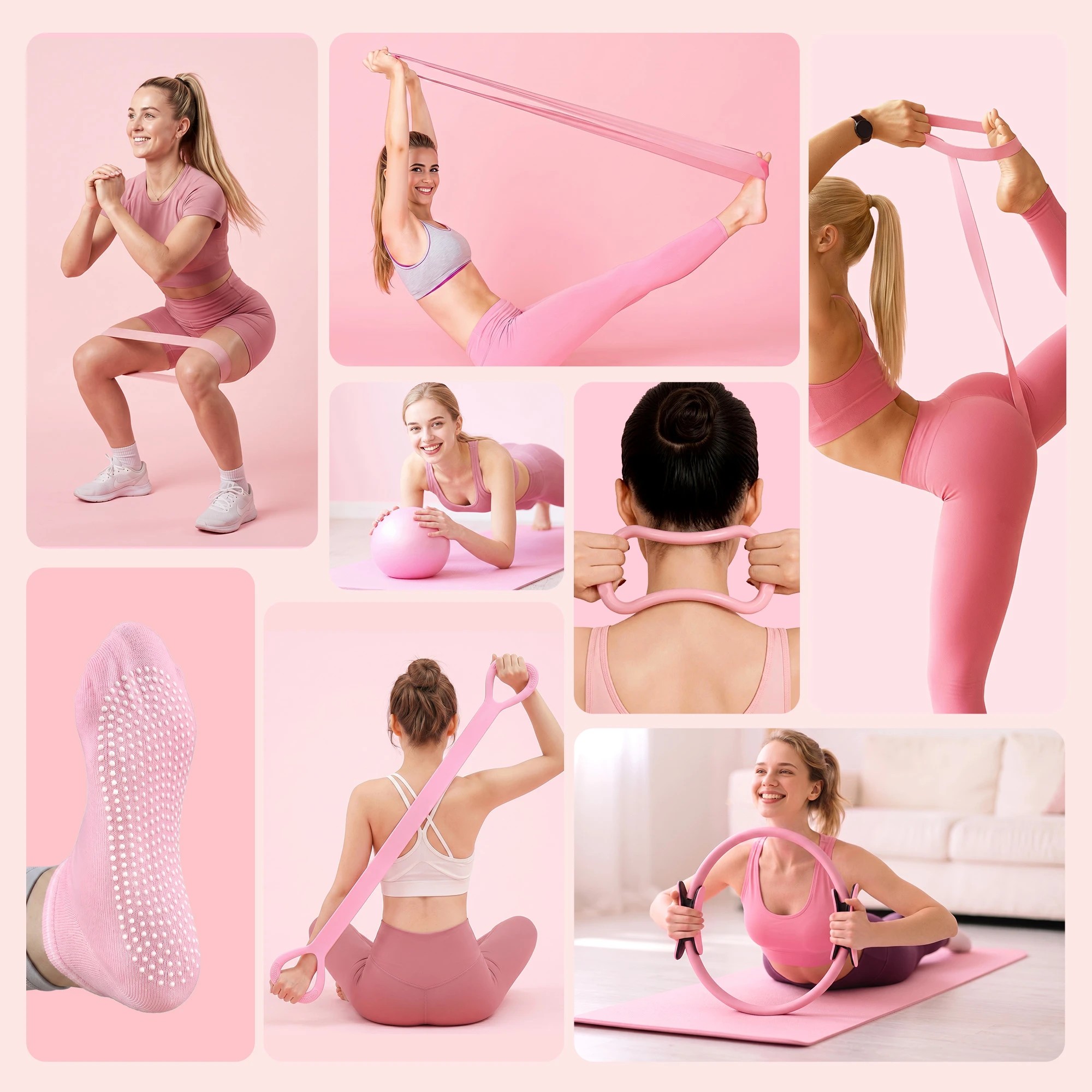4 Everfit Pilates Ring Set 15Pcs Home Workout Fitness Equipment Yoga Ball Socks Starter Kit - Pink, 4 of 9