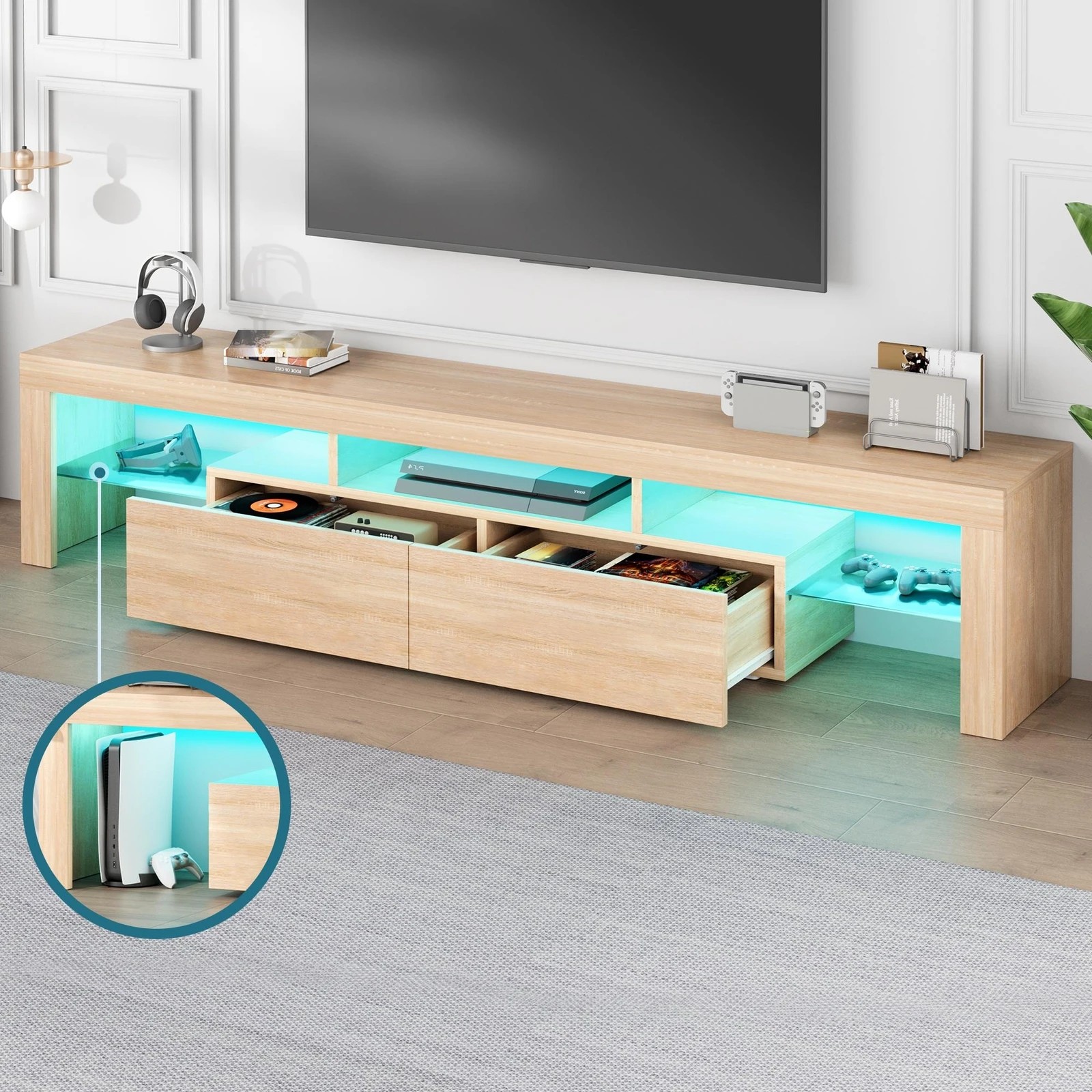 7 Alfordson Entertainment Unit 180cm TV Stand LED Light Storage Drawer - Oak, 7 of 10